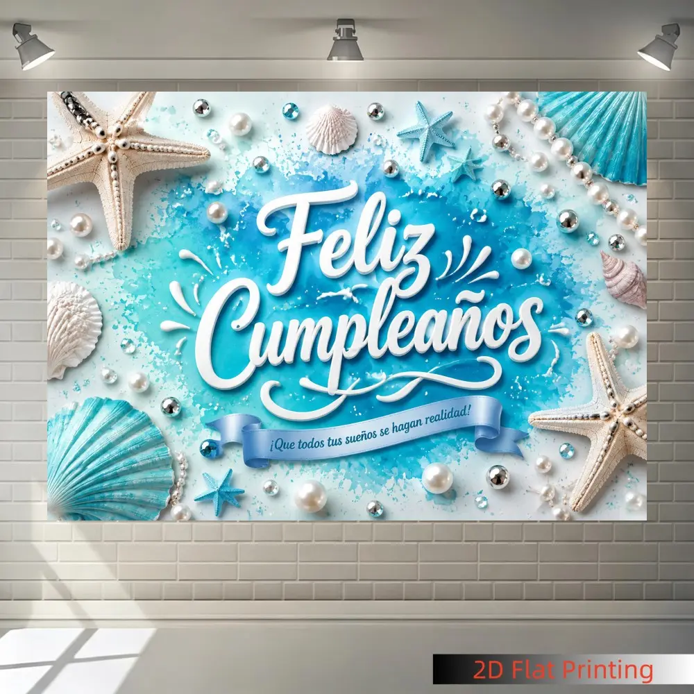 1PC Ocean Style Feliz Cumpleaños Photography Backdrop, Starfish Seashell Pearl Blue Watercolor Ocean Element Birthday Background, Ocean Theme Birthday Party Decoration, Beach party decorations, Photo Booth, Indoor Outdoor Wall Decoration