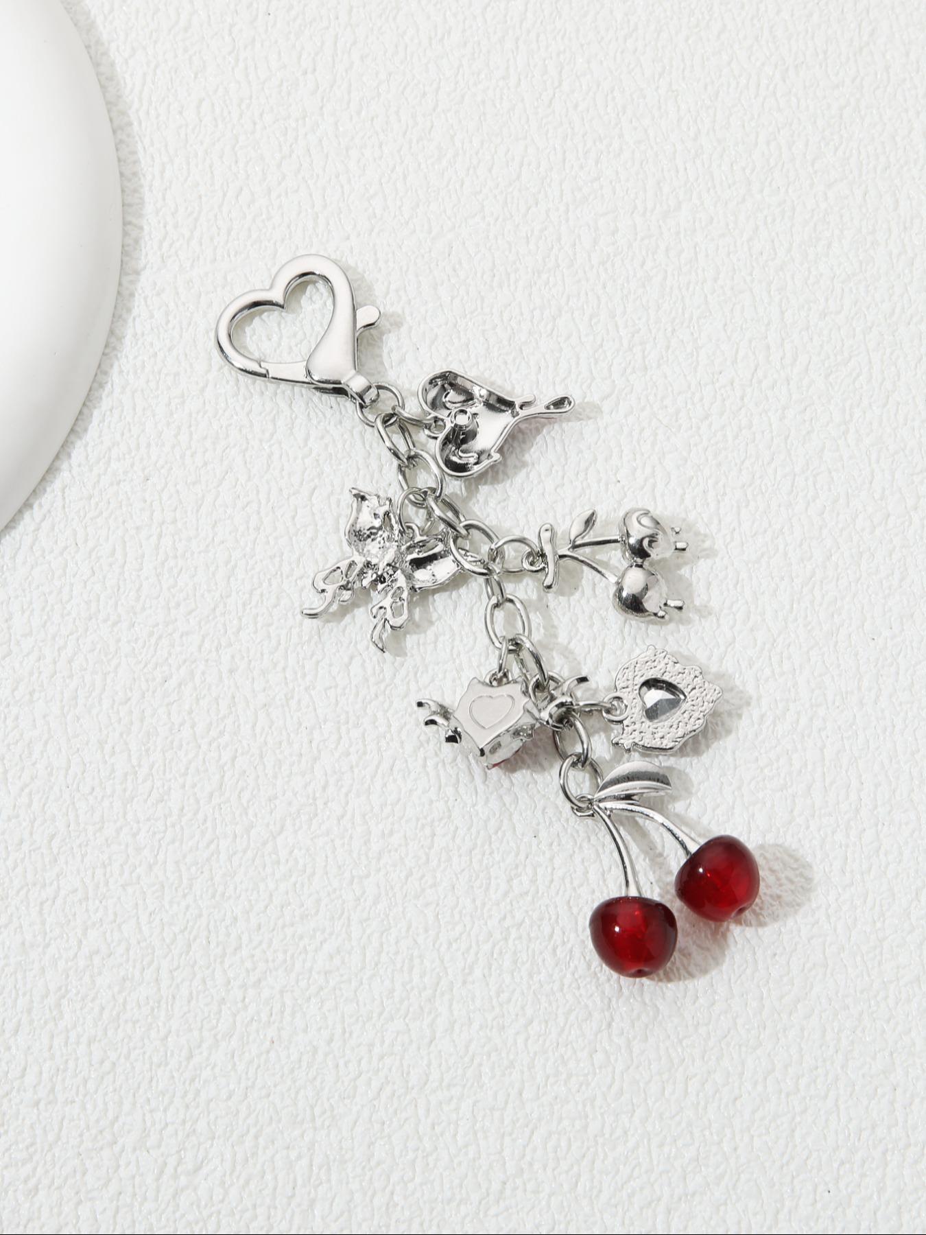 Elegant Cherry Heart Wings Butterfly Keychain with Rhinestones, Stylish Y2K Trendy Key Ring Gift for Friends, Beautiful Alloy Accessory