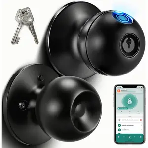 Fingerprint Door Lock, Biometric Self-Learning  Door Knob | 4 Modes, 304 Stainless Steel, APP Control, 2 , 50 User Fingerprints,  for Bedroom, Apartment, Office & Garage, Black