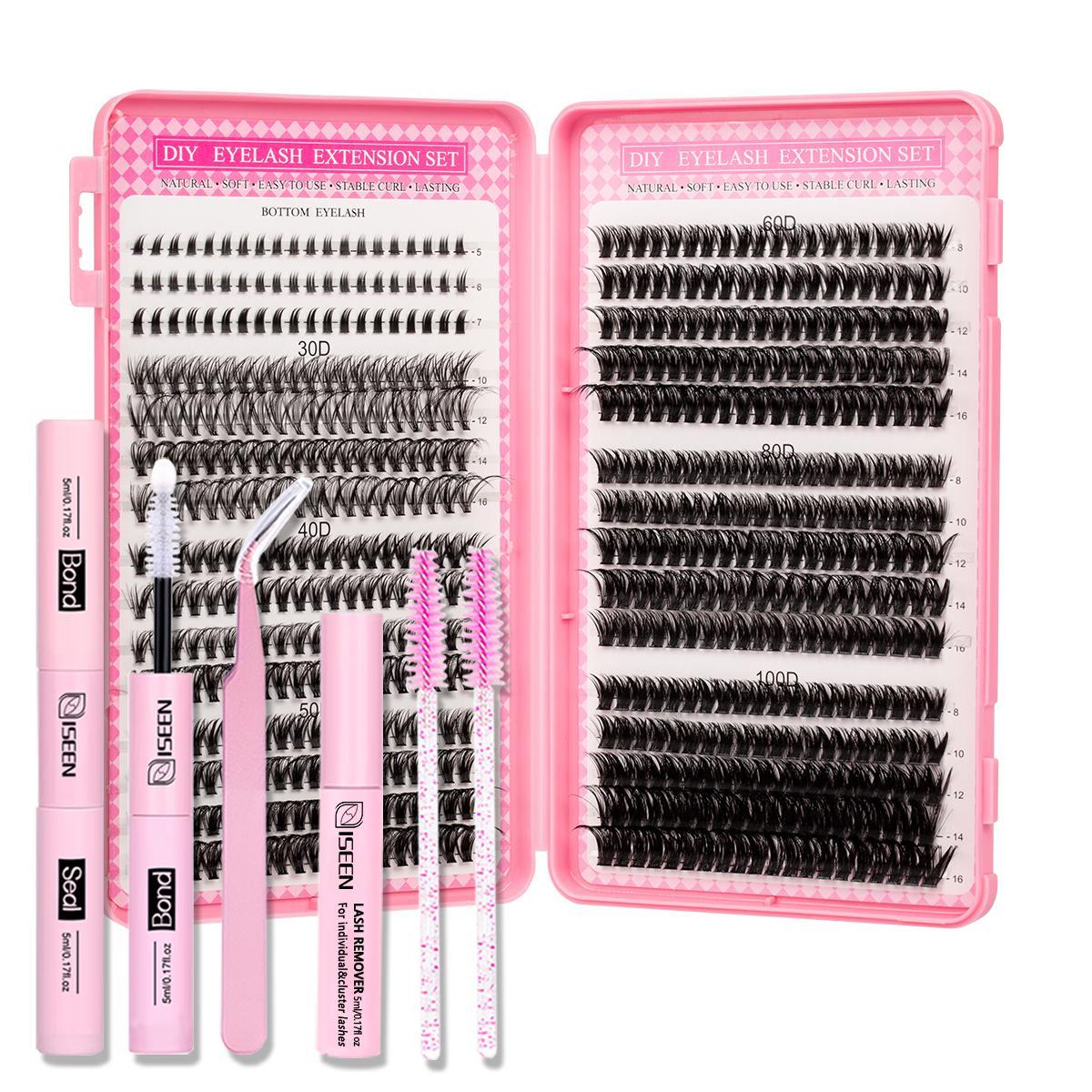 Individual Eyelash Extension Kit, 1 Set False Eyelashes Diy Cluster Lash with Eyelash Glue & Tweezers & Glue Remover, Professional Eye Enhancement Tools for Women, Makeup DIY Eyelashes Kit Natural Set