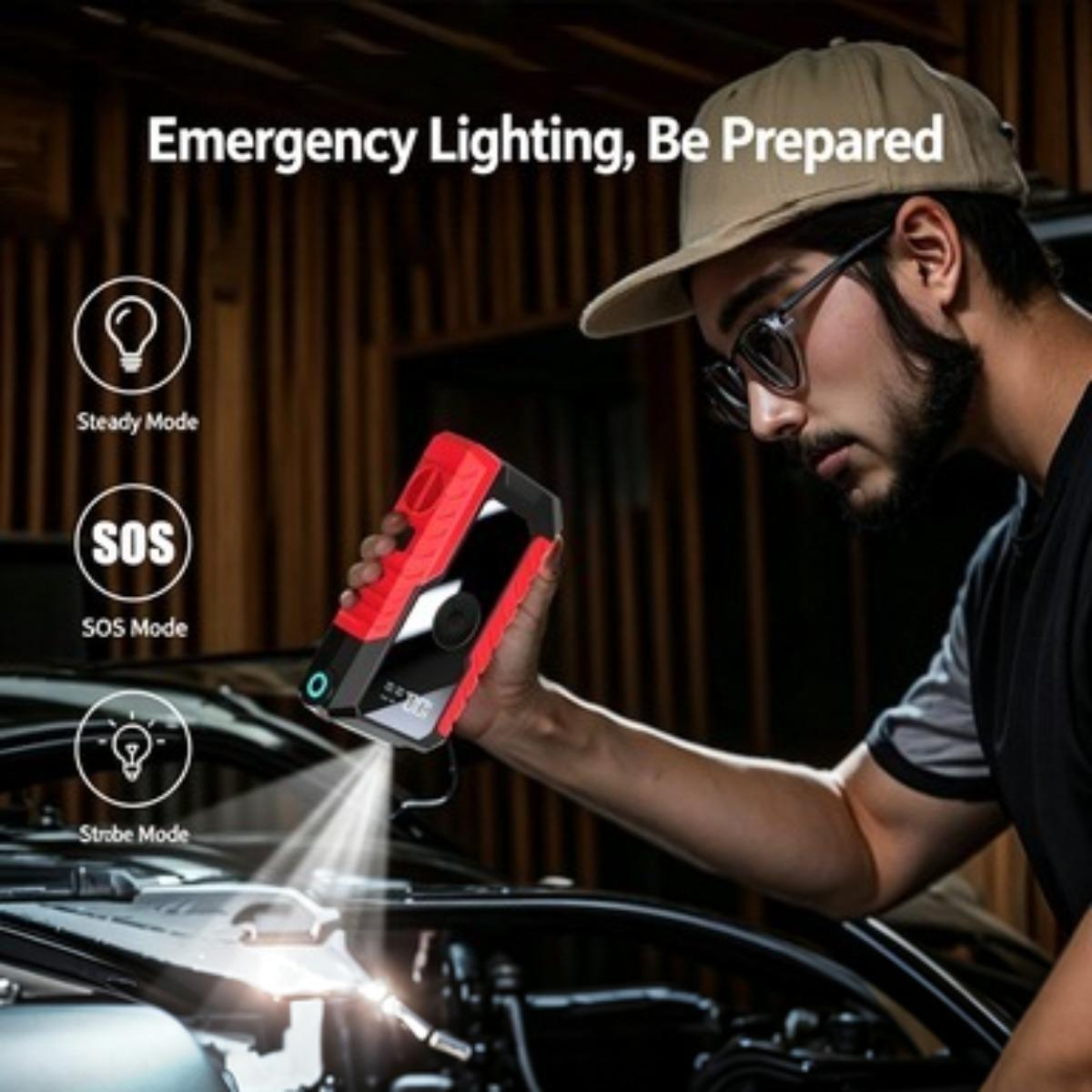 12V Portable Car Jump Starter with Tire Inflator, 2-in-1 Emergency Power Pack with Air Compressor, Power Bank & LED Light Kit Removal Set Tool