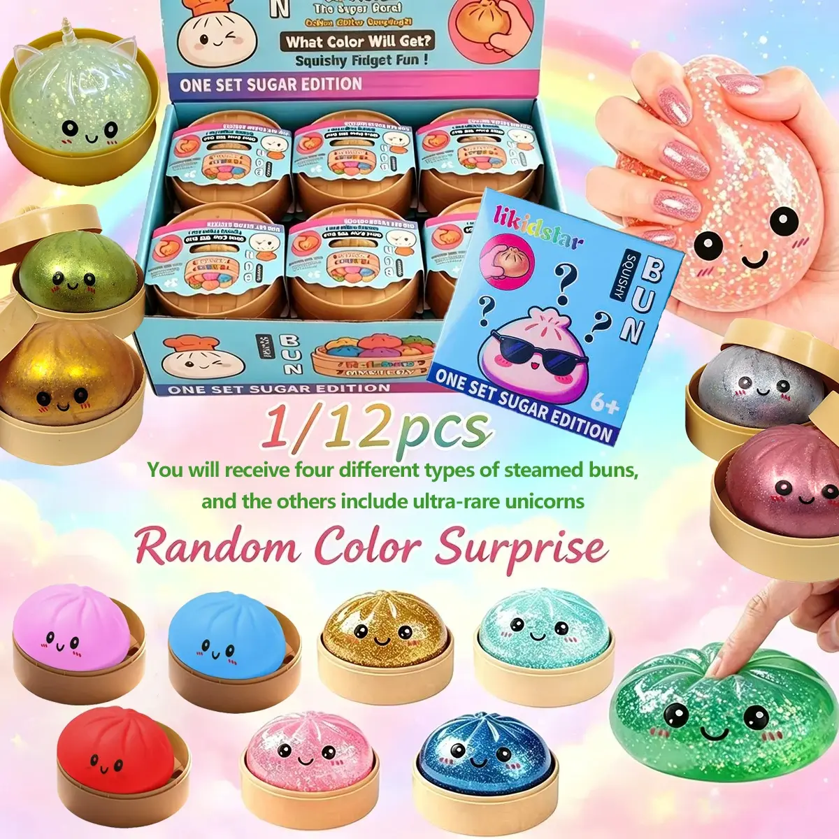 1/12PCS Glitter Dumpling Squishy, Mini Real Bun Dumplings Stress Relief Set Pack Box, Crazy Fun Balls Toys Fidget Cute Sensory for Anxiety Relief Toy Hand Relax, Birthday Gifts (Smiling)