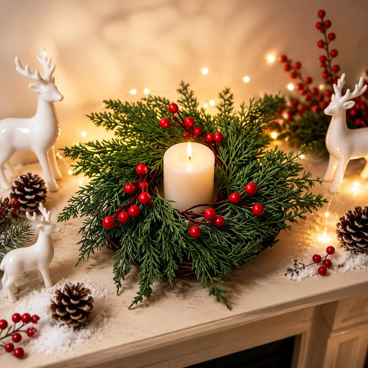 4 Pack Christmas Candle Wreath Centerpieces, Artificial Holiday Table Decor, Berries & Greenery, Festive Christmas Decoration