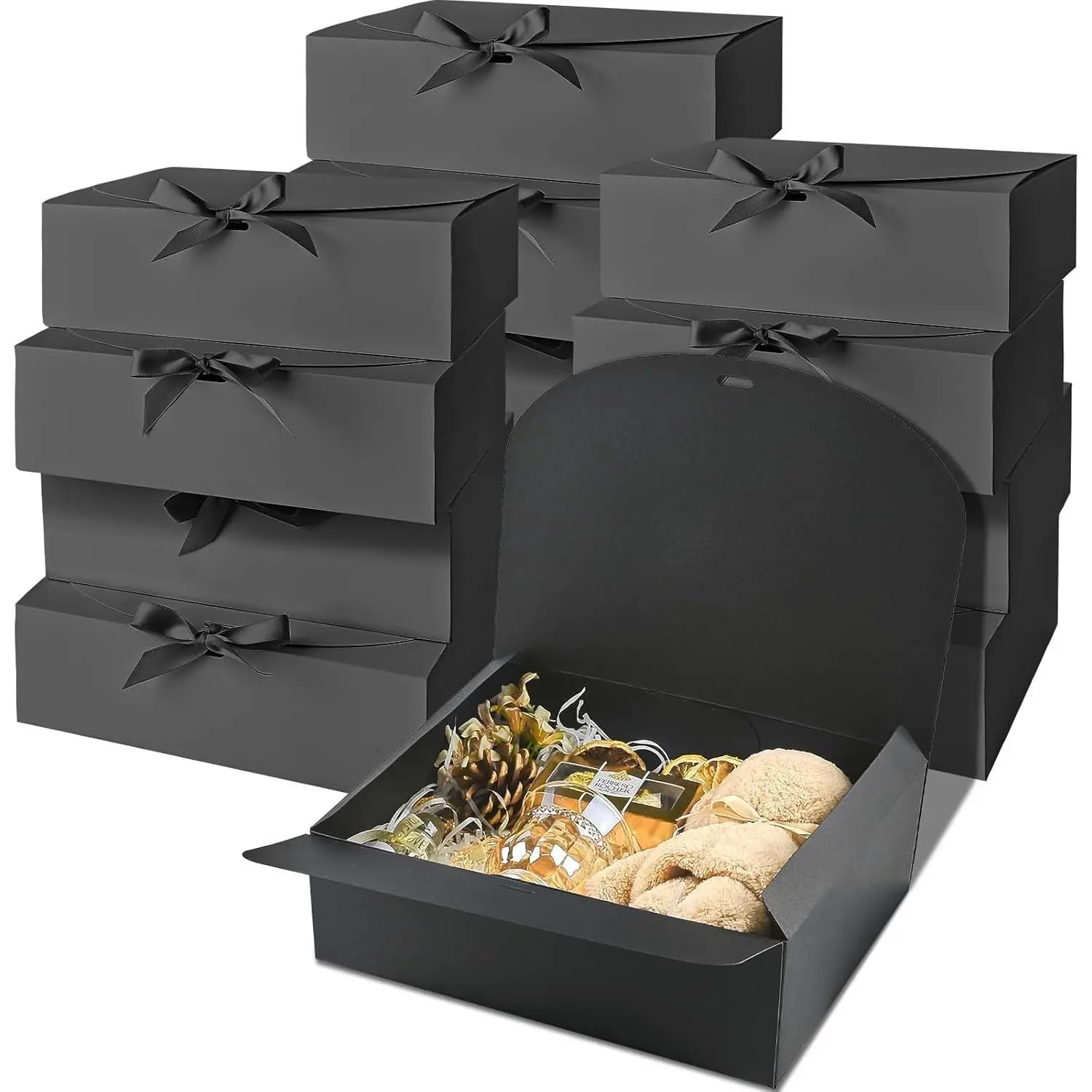 12 Pack Gift Boxes with Lids, 10.6x7.8x3.1 Inch Black Paper Gift Box with Ribbon, Bridesmaid Proposal Box for Wedding, Packaging, Baby Shower, Birthday, Christmas, Party, Present Crafting