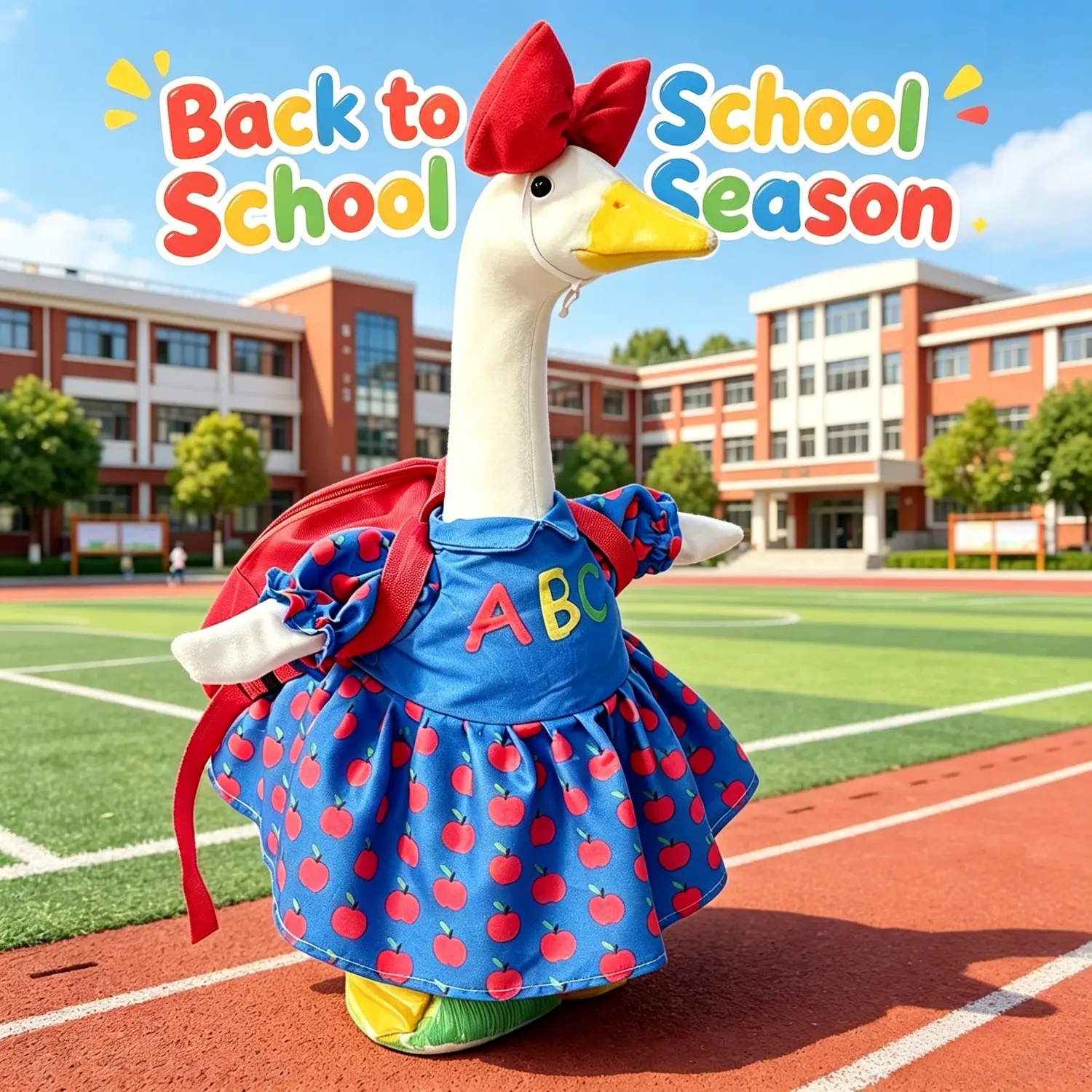 Back to School Porch Goose Dress Set, Apple Print Dress with ABC Letters And Backpack, Fits 23 Goose Statue, Fall Yard Decor