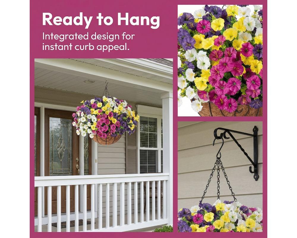 2pcs Artificial Hanging Basket with Morning Glories Faux Flowers in Coco Fiber Liner and Iron Frame Multi-Color Decorative Plant for Balcony, Porch, and Yard Lightweight and Easy to Hang Design Available in Multiple Vibrant Colors