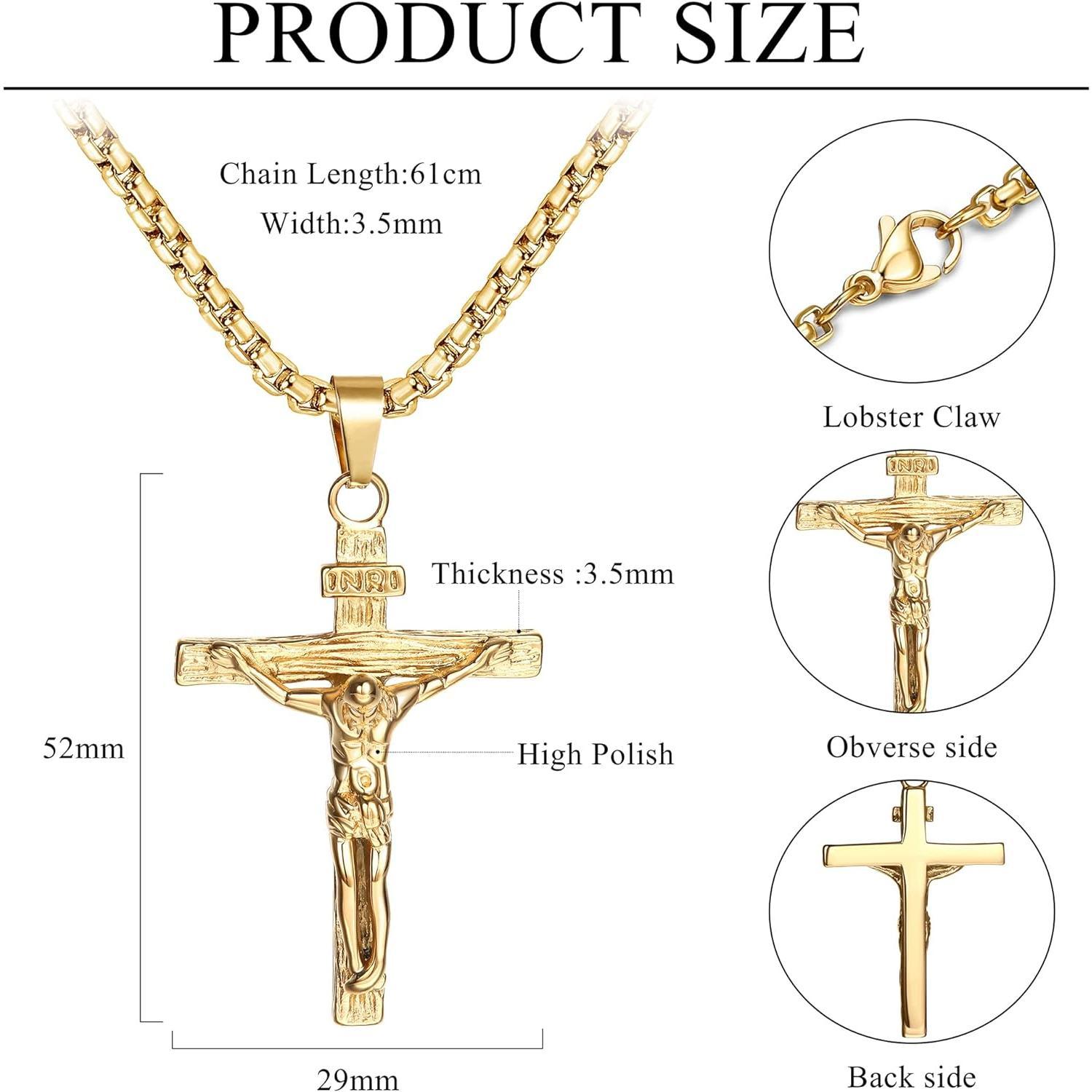 FINREZIO Stainless Steel Jesus Cross Pendant Necklace for Men's Venice Chain 61cm Silver/Gold/Black Religious Jewelry Accessories Gift