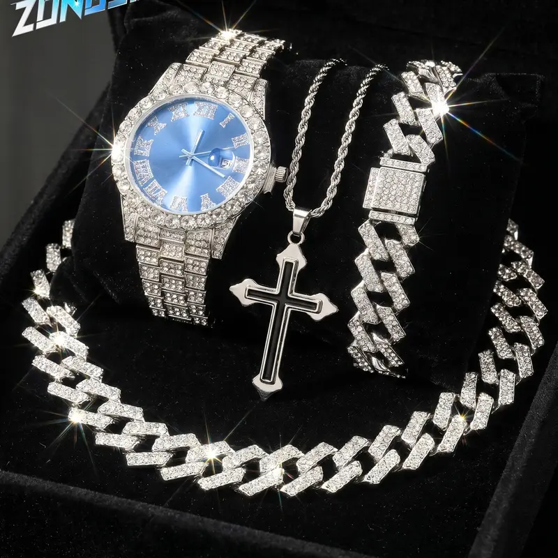 4-Piece Gift Set Watch Necklace Bracelet Box, Jewelry Sets, Jewellery Gift Set, Cross Punk Style, Analog Round Face, Adjustable Strap, All Seasons Accessory