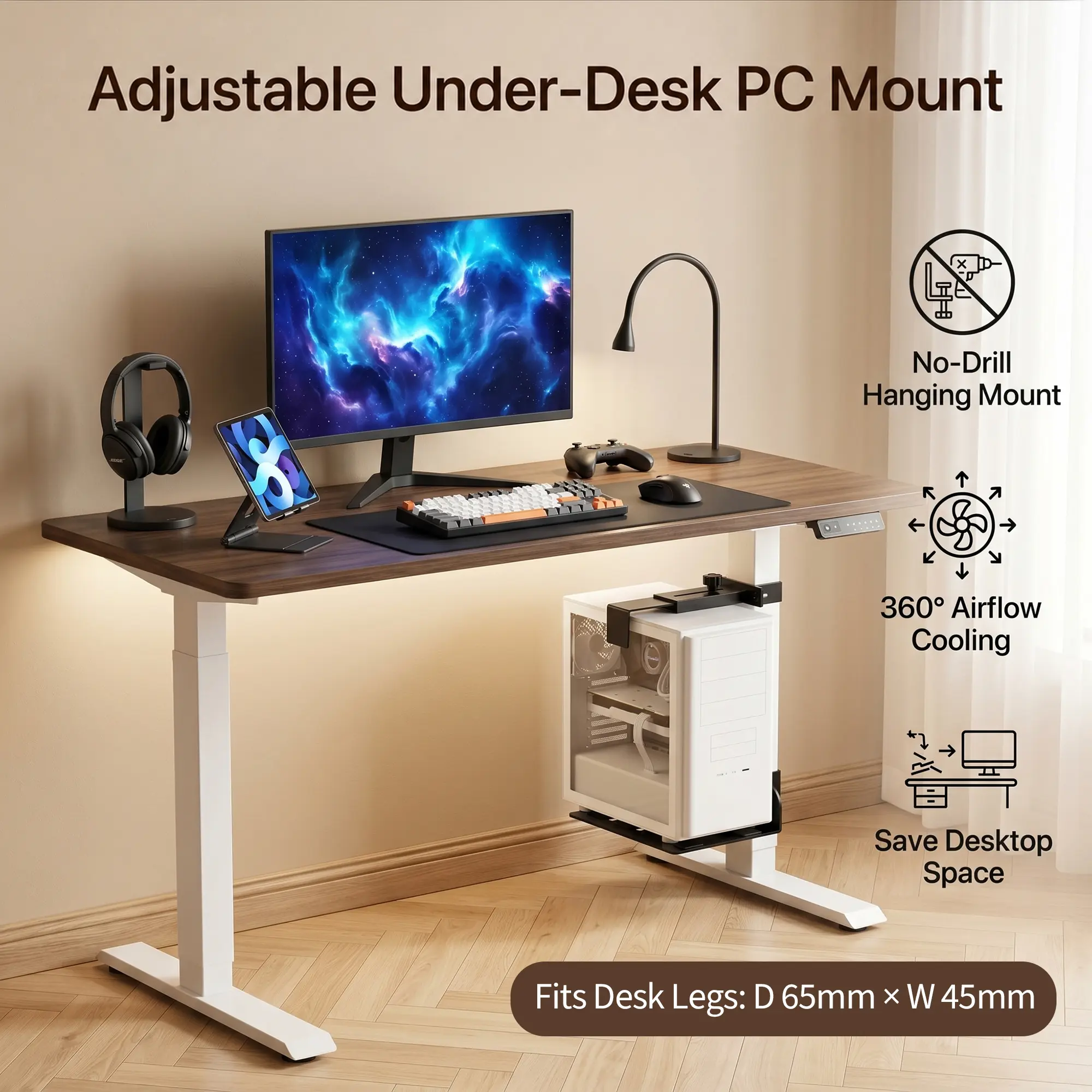 Adjustable Under Desk PC Stand – Heavy-Duty Alloy Steel, Rolling CPU Mount for Office or Home, Fits 80×50mm / 75×45mm / 65×45mm Table Legs – Black Computer Tower Holder – Compatible with 80×50mm Table Legs
