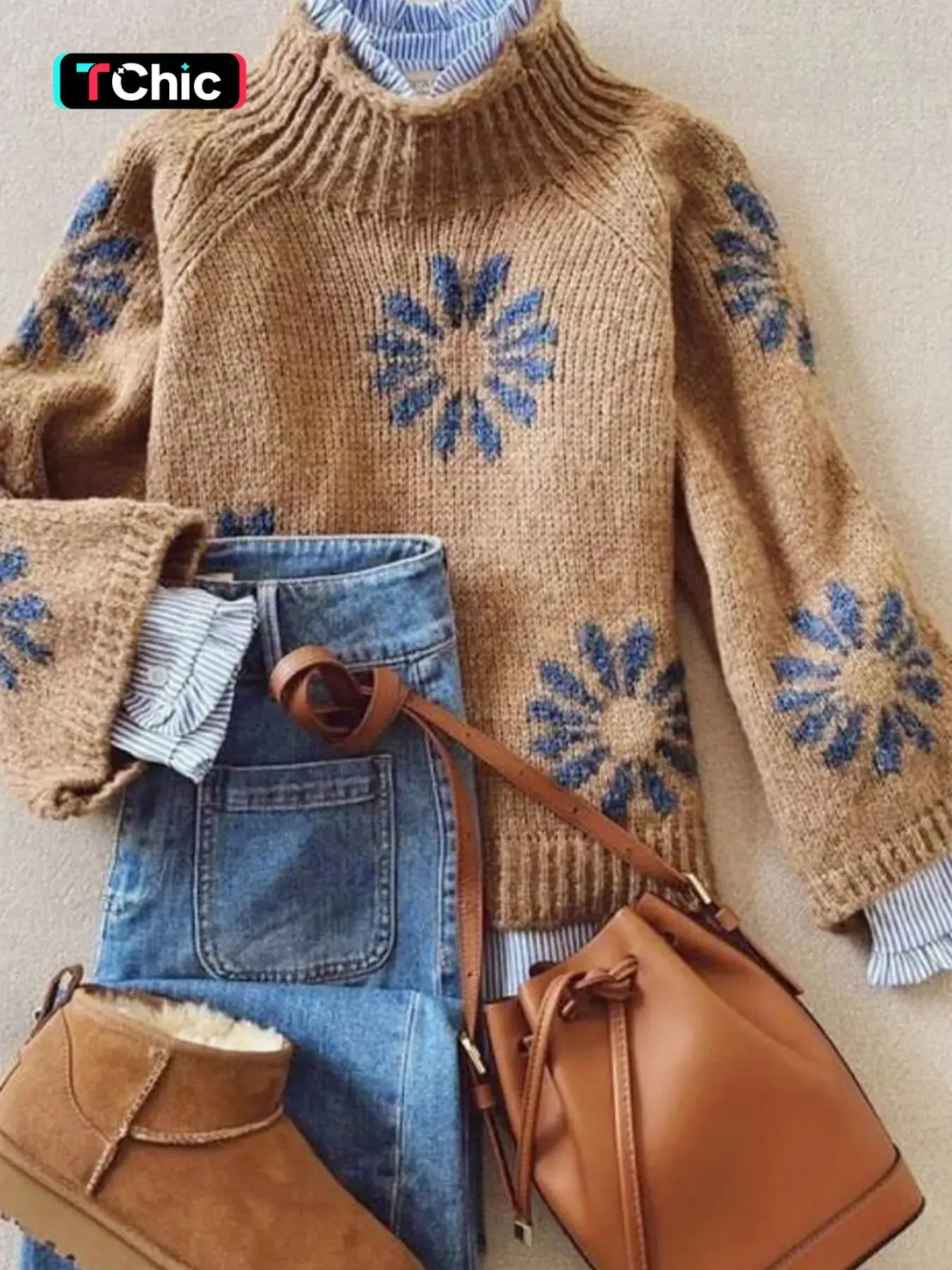 Women's Knitted Pullover Sweater, Long Sleeve, Floral Ribbed Design, Casual Youthful Style, Fall & Winter Fashion, Comfortable and Stylish