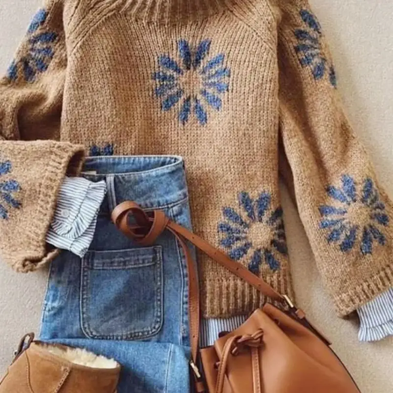 Women's Knitted Pullover Sweater Tops, Floral Ribbed Design, Casual Youthful Style, Fall & Winter Fashion, Comfortable and Stylish