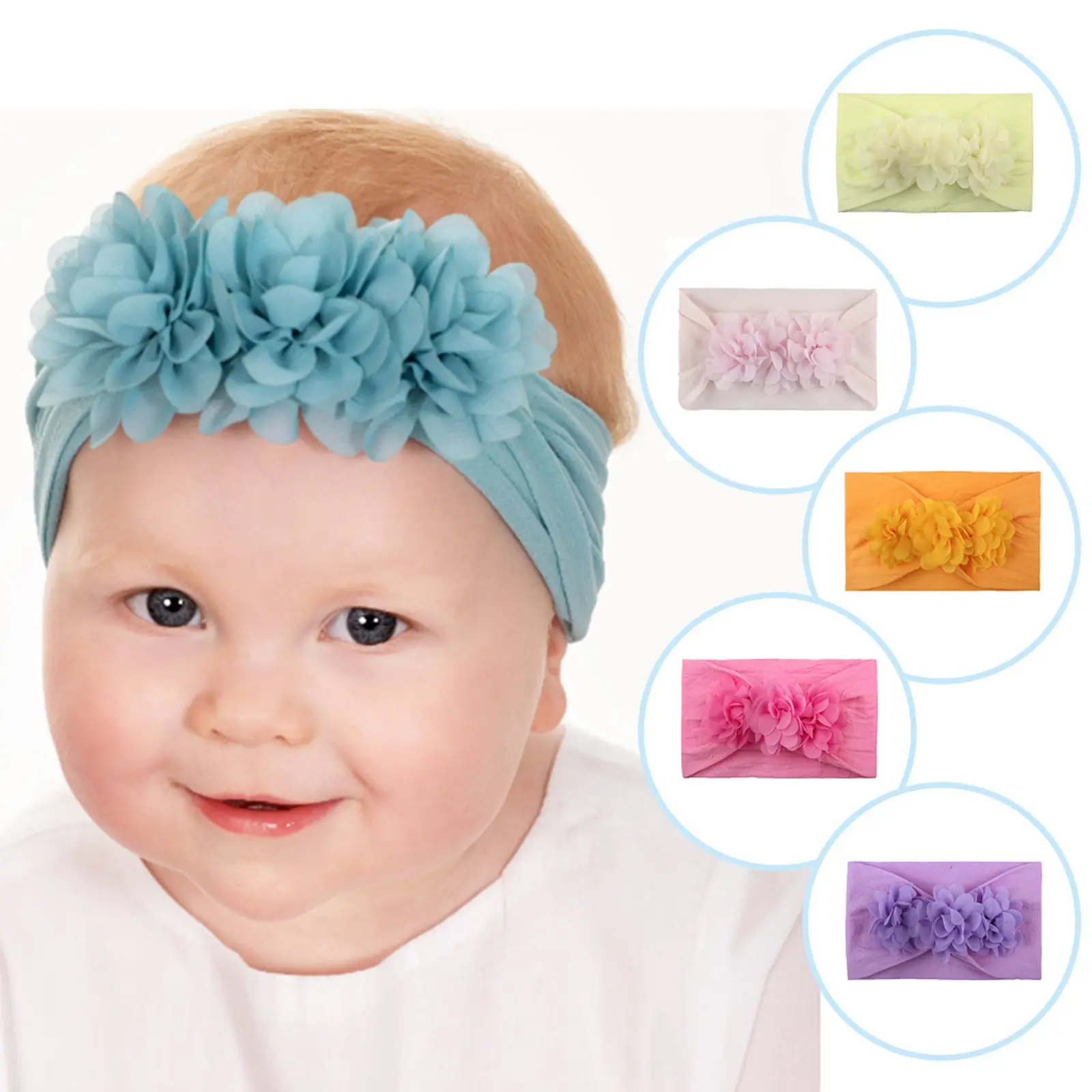 Triple 3D Tulle Flower Twisted Stretch Wide Headband, Soft Nylon Elastic Turban Hair Wrap, Solid Color Floral Hair Band Cute Daily Fashion Hair Accessory