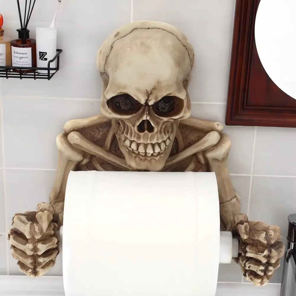 Vintage Gothic Ghost Hand Wall Mounted Paper Towel Holder, Skull Retractable Tissue Roll Dispenser, European American Style Bathroom Home Storage Organizer