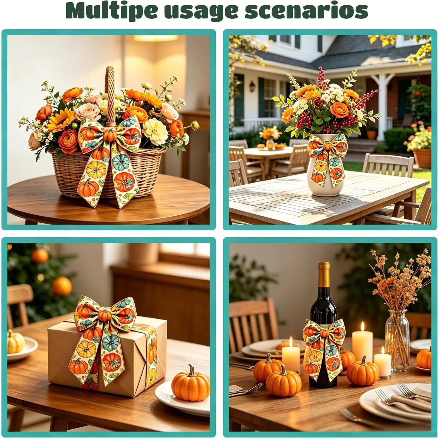 Wreath Sash for Front Door, 2Pcs Fall Pumpkin Wreath Sash Accessories for Thanksgiving Christmas New Year Yard Doorway Indoor Outdoor Party Decoration