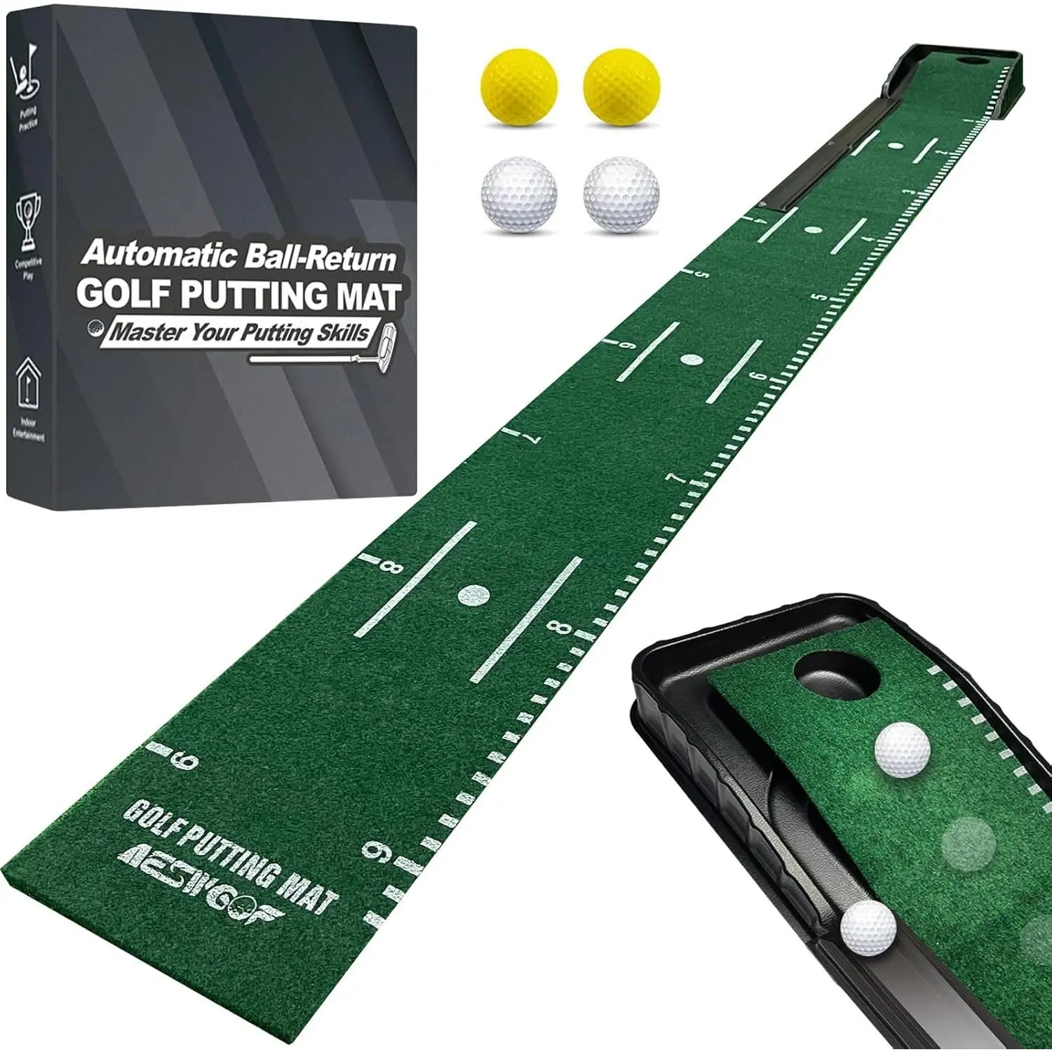Golf Putting Mat Set with 9.8 ft Putting Green, 4 Golf Balls for Indoor Use |  Aid Mat with Ball Return and Alignment Guides for  & Backyard Practice –   for Golfers and Beginners