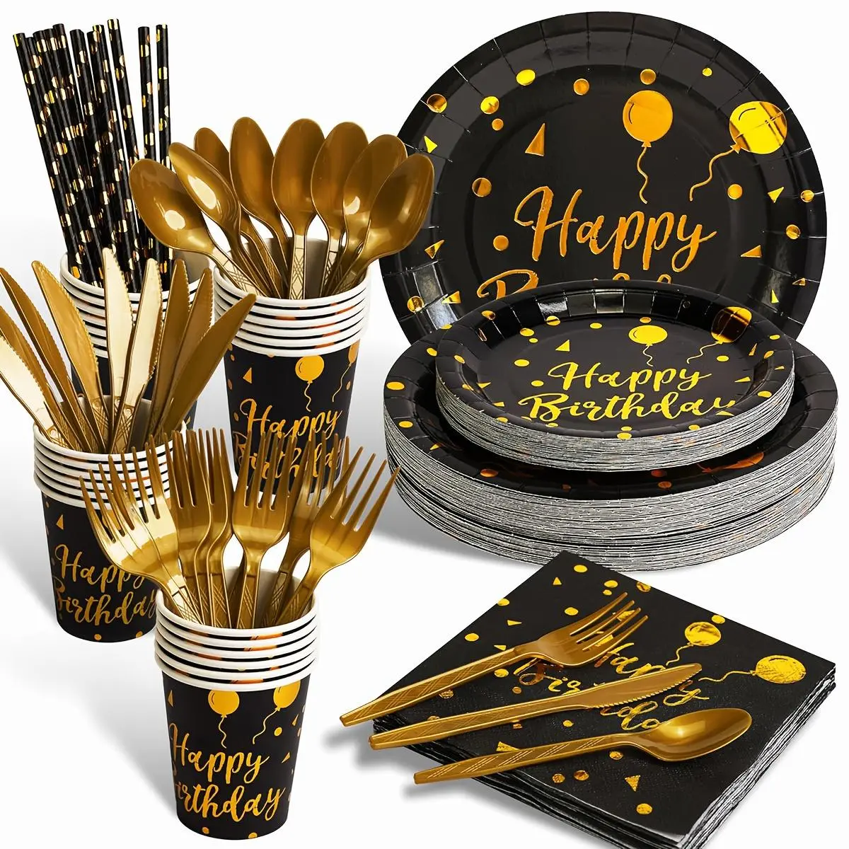 200pcs Black Golden Birthday Party Disposable Dinnerware Set, 25 Person Pack, Happy Birthday Plastic Plates, Golden Plastic Knife, Fork, Spoon, Straws, Cups, Cake Tray, Party Theme Trays