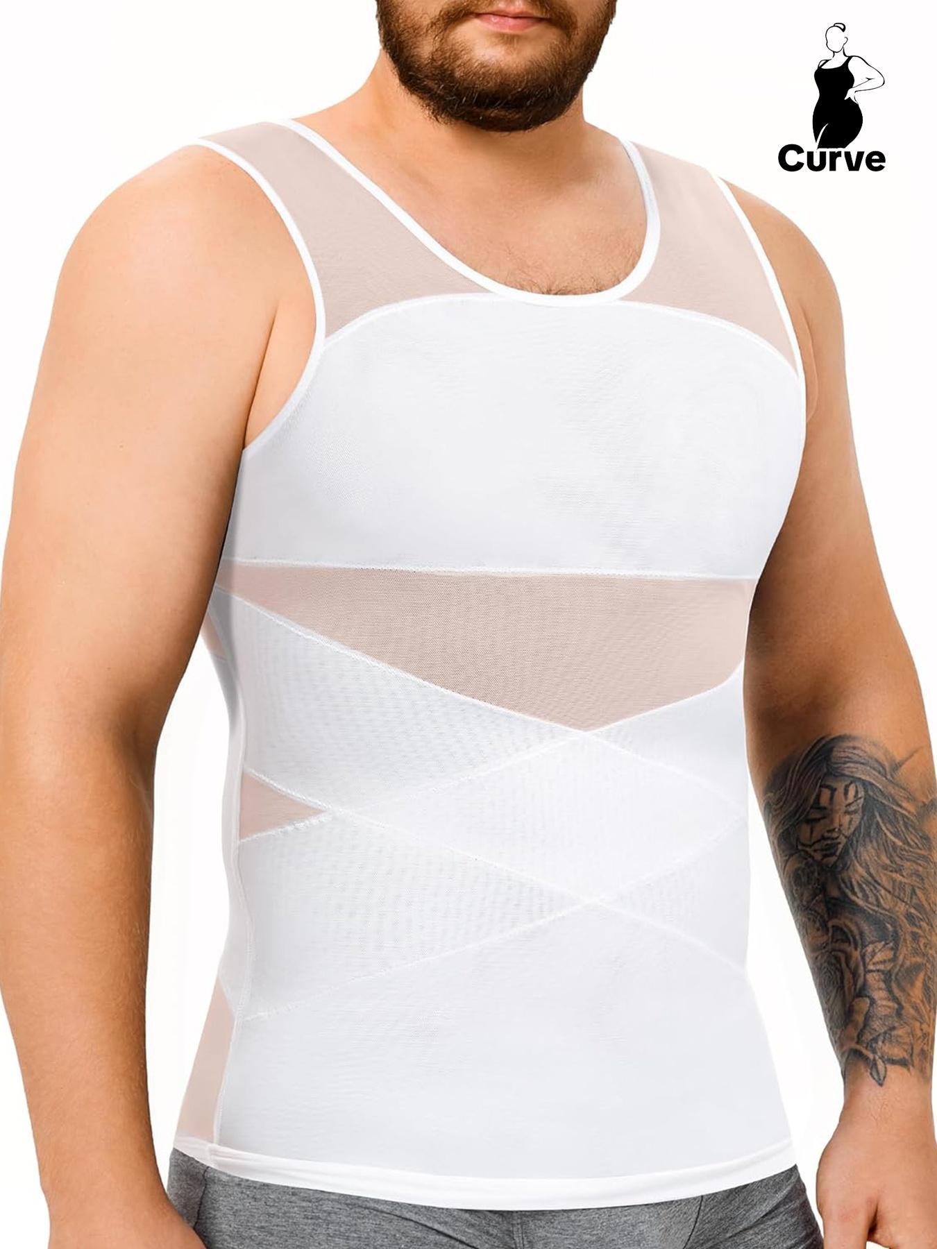 Plus Size Men's Solid Sheer Back Support Tank Top, Breathable Comfortable Tummy Control Shaper Vest, Men's Shapewear for Daily Wear