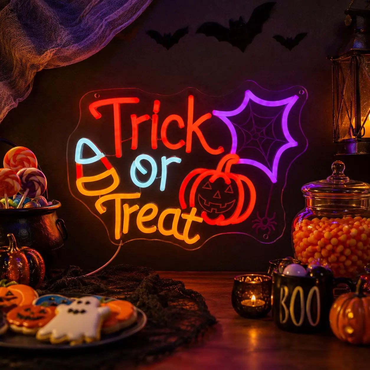 1pc Trick or Treat Neon Sign, Halloween Party Style LED Wall Light, Multicolor Acrylic Decor with Pumpkin, Candy Corn, Web Details, USB Powered Porch Lamp for Bedroom, Entryway, Party Room, Dorm, Shop Window, Gift for Halloween Fans and Fall Wall Decor US