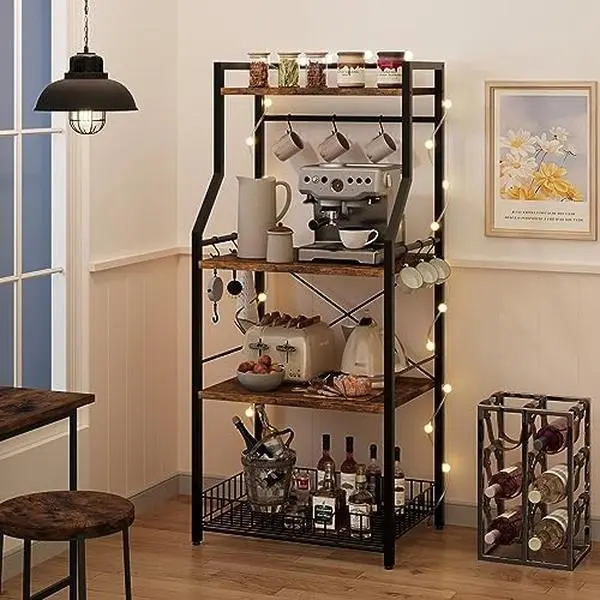 Rustic Bakers Rack, 4-Tier Industrial Freestanding MDF+Steel High-Strength Dual-Purpose Storage Stand with X-Braced Legs, 15.7"x23.6"x50.7", Sturdy Microwave Oven Holder, Large Wire Basket, 8 Hooks, Adjustable, Easy to Clean Coffee Bar, Assembly Required