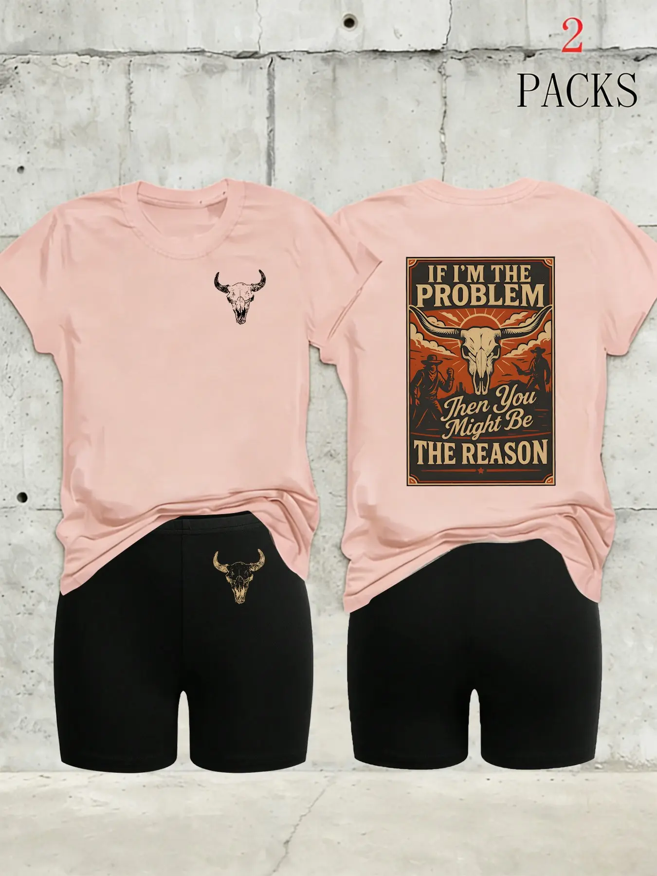 Women's 2-Pack Western Bull Print Loose Short Sleeve T-Shirt & Camo Shorts Set, Soft Casual Fabric, Daily Streetwear Loungewear, Black Beige Pink White Purple Red Multi-Color Options, Clothes