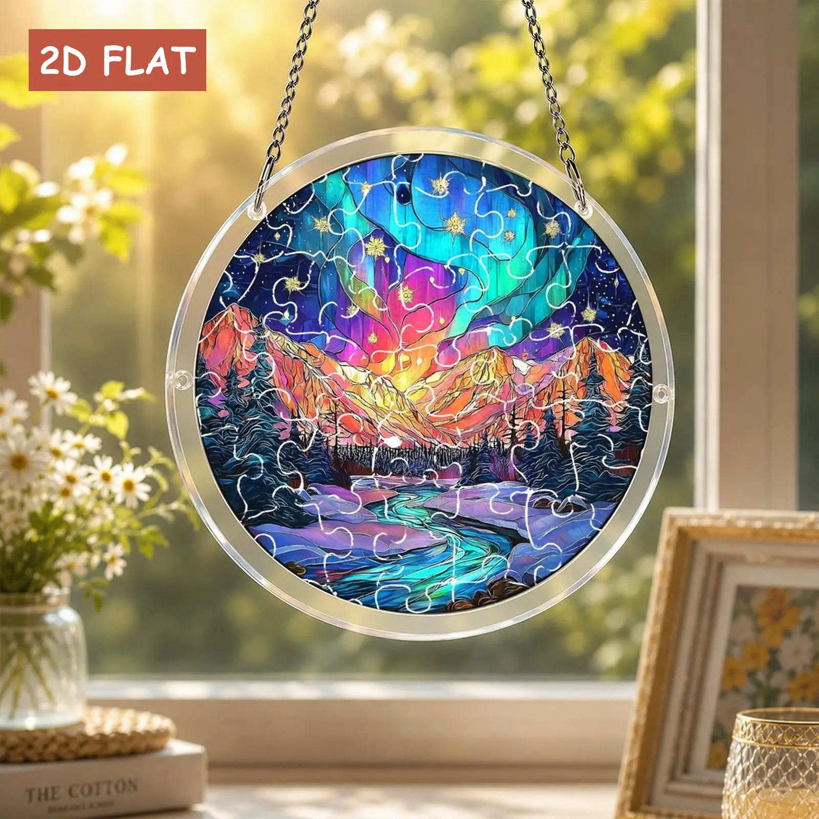 Northern Lights Mountain River Acrylic Jigsaw Puzzle Suncatcher Stained Glass Style Window Hanging Ornament Sun Catching Home Wall Decor DIY Craft Puzzle Gift for Adults Puzzle Lovers Christmas Birthday Present