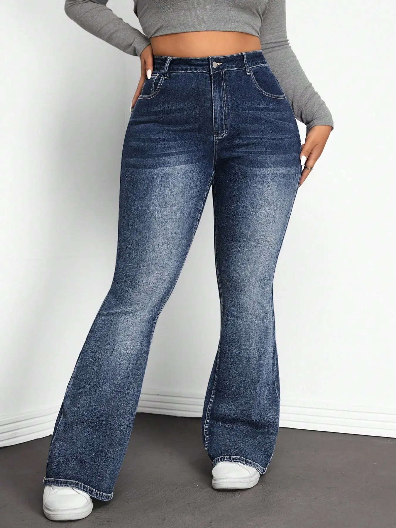 Plus Size High Waist Fashion Casual Blue Flare Jeans, Women's Fall Clothing, Daily Commute Shopping Date, Comfortable and Stylish