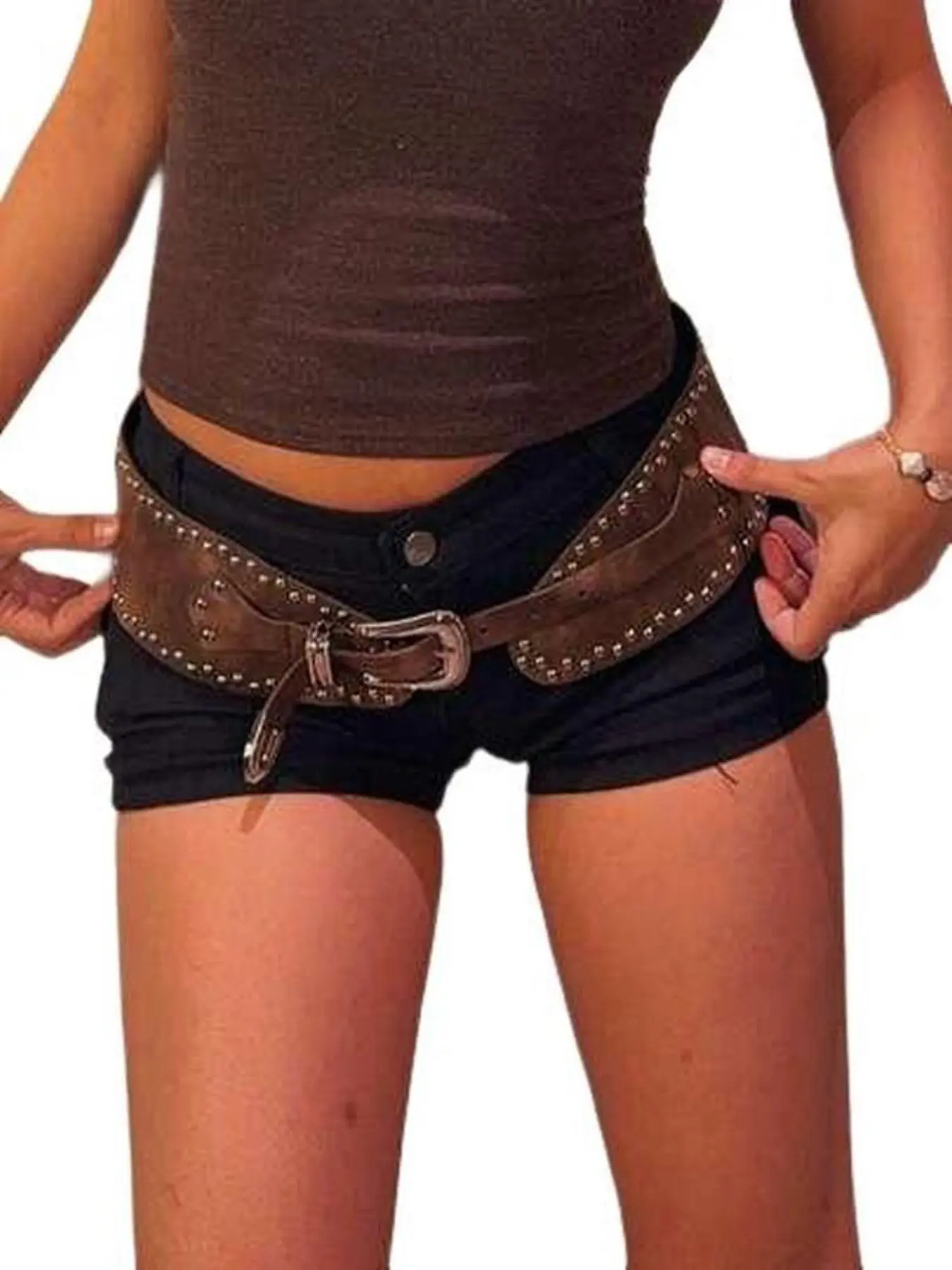 Women's Punk-Style PU Belt with Studs, Western Cowboy Y2K Chunky Belt, Boho Patchwork Design, All Seasons Streetwear Accessory
