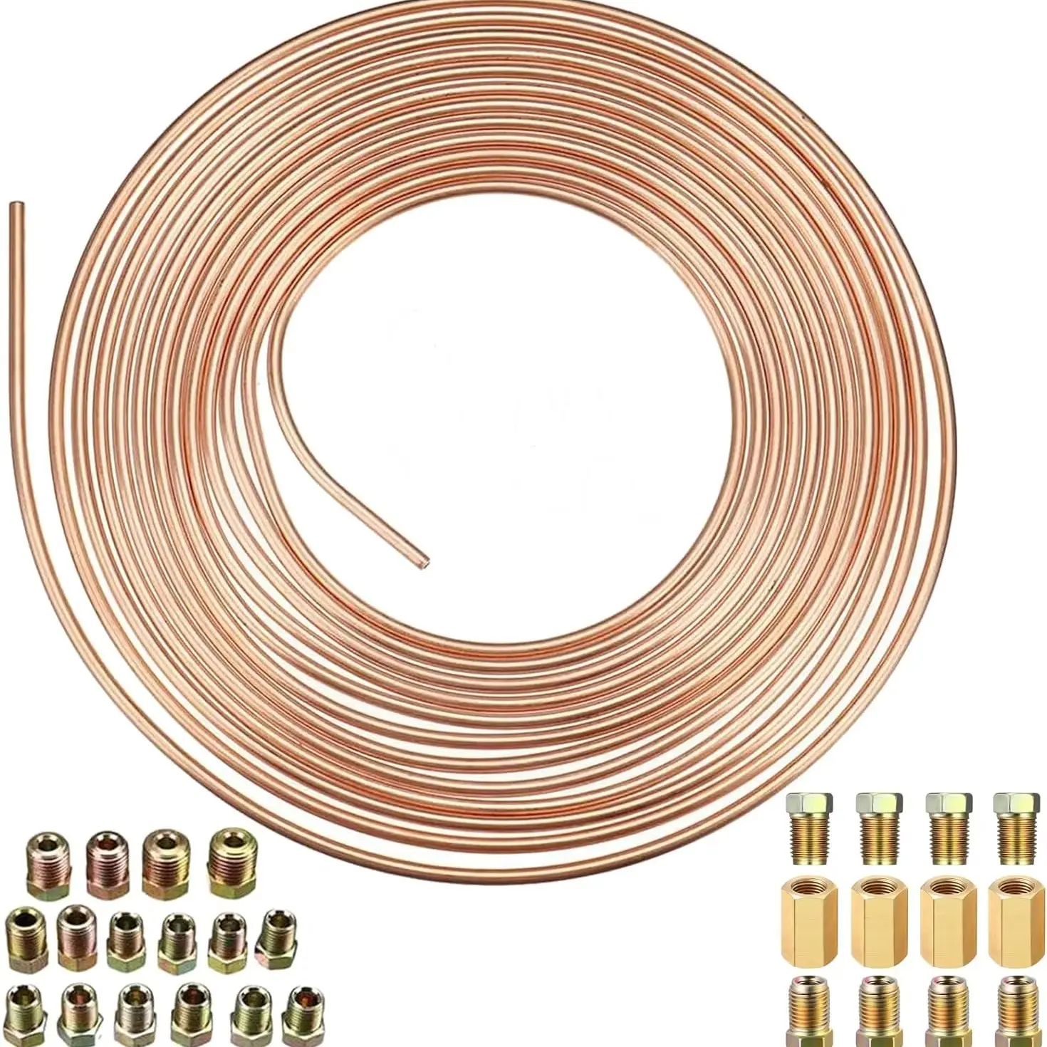 Car Brake Hose Kit, 32.8 Feet 3/16 Inch Copper Coated Tube, Includes 16 Nuts Fittings, 12 Brass Nuts Fittings, 4 Couplings