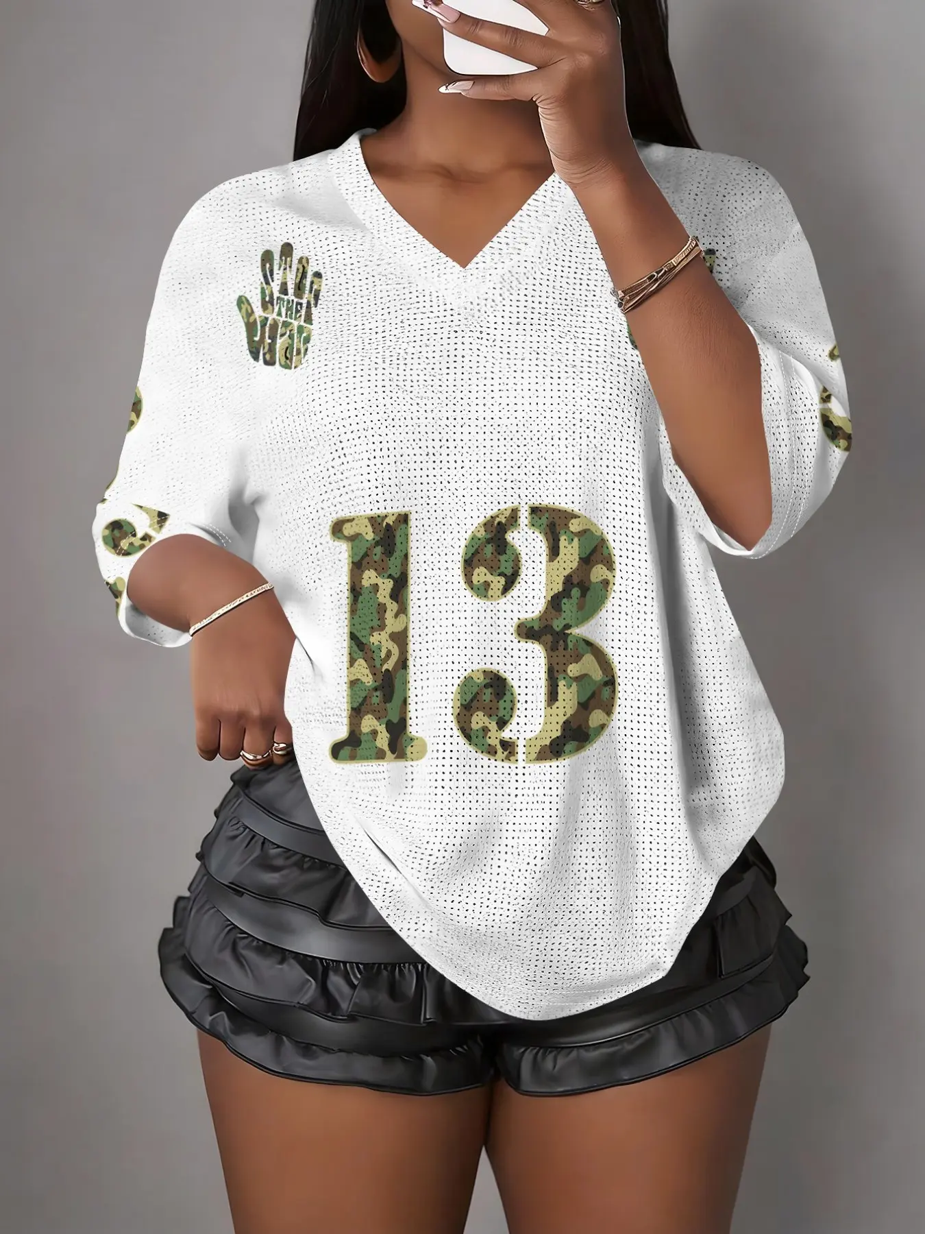 Y2K Retro Streetwear Camo Print Jersey Top, Cutout V-Neck Loose Fit, Casual Sporty Short Sleeve Summer, All Seasons Fashion Clothes