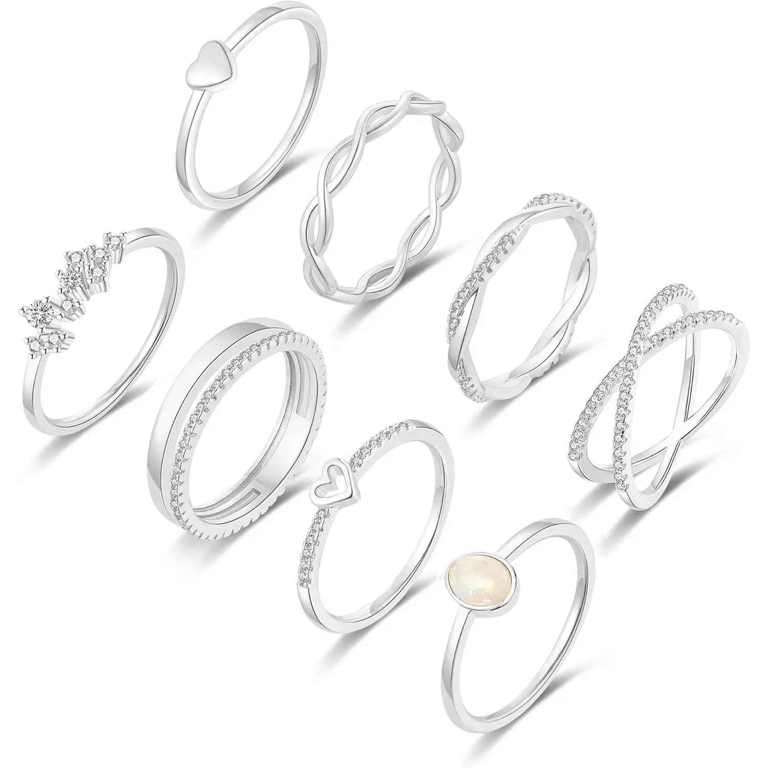 8PCS 14K Gold/Silver Rings Set for Women Non Tarnish Dainty CZ Simulated Diamond Ring Eternity Wedding Band Gold Stackable Thumb Rings Size 4-12