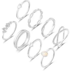 8PCS 14K Gold/Silver Rings Set for Women Non Tarnish Dainty CZ Simulated Diamond Ring Eternity Wedding Band Gold Stackable Thumb Rings Size 4-12