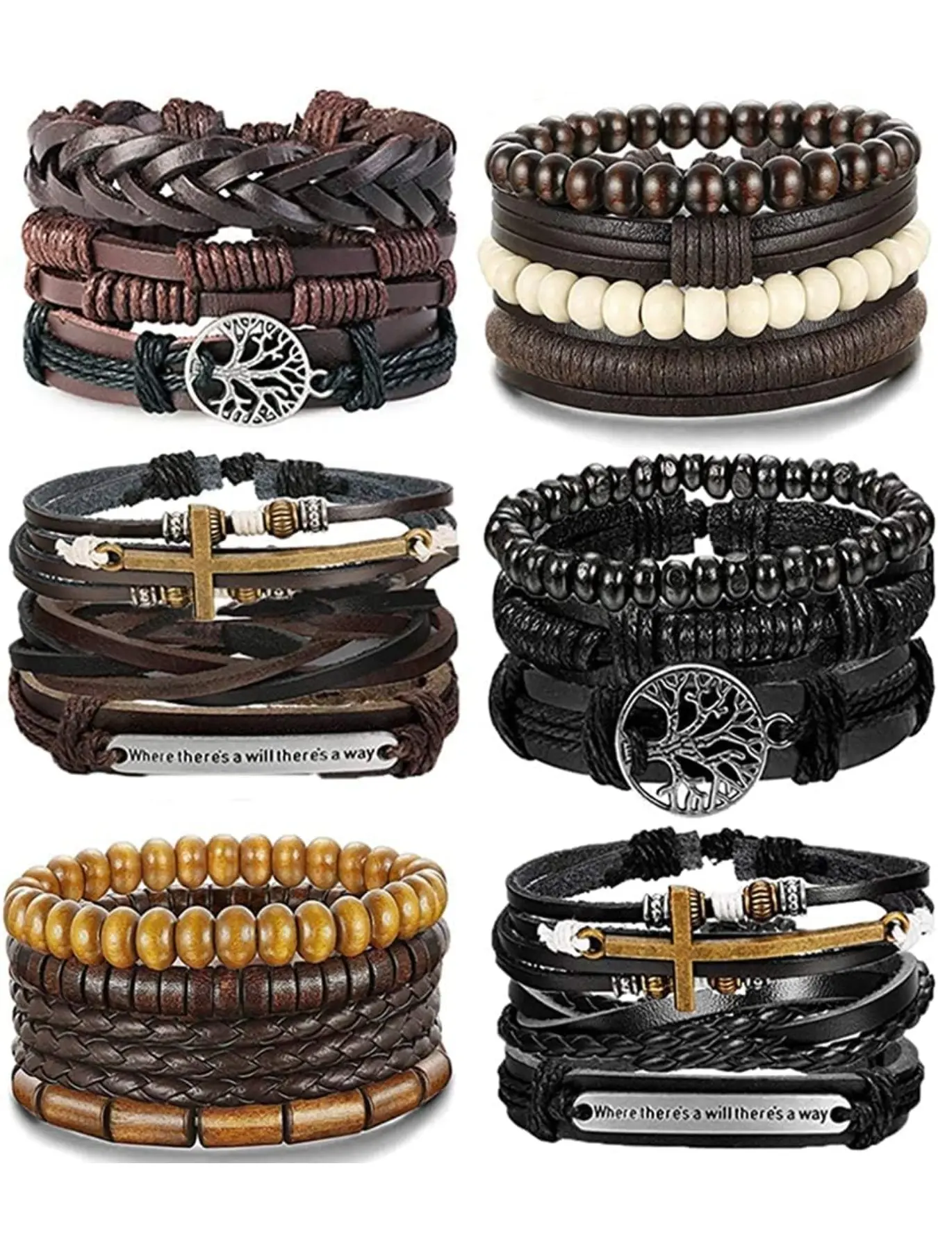20pcs Leather Bracelets for Men, Punk Braided Vintage Beads, Boho Style Beaded, Adjustable Wristband, Beaded Bracelet Sets, Ethnic Rope Bracelet Set, Gift Jewelry