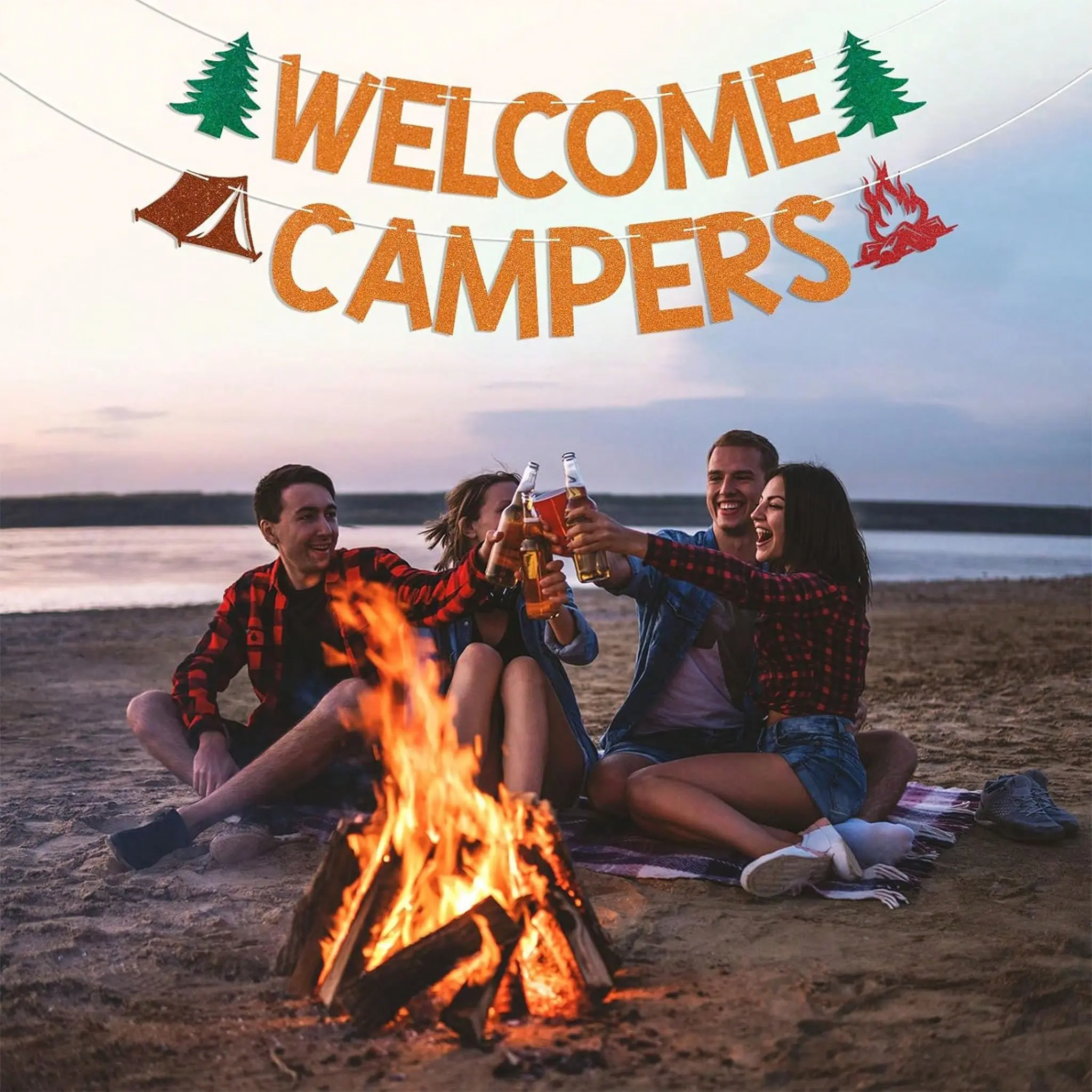 Welcome Campers Glitter Banner, Forest Adventure Camping Theme, Birthday Bachelorette Family Camp Party Supplies