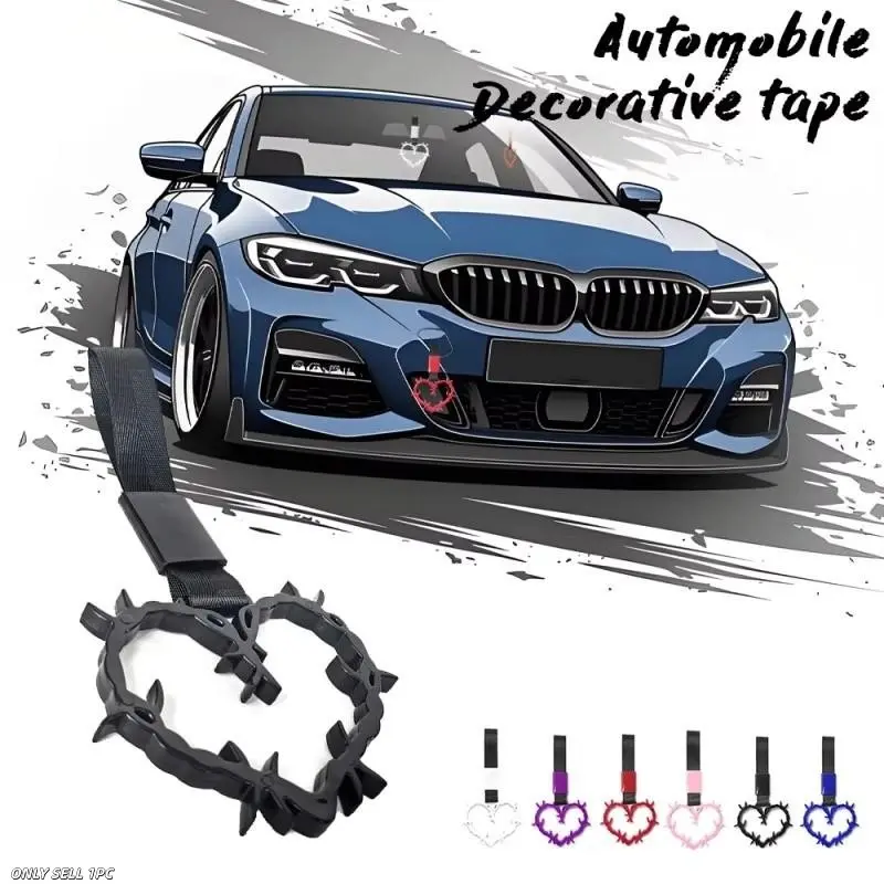 JDM Heart Shape Car Pull Strap, Spiked Heart Racing Charm, Nylon Hanging Strap for Rear View Mirror, Front & Rear Bumper Decoration, Universal Car Interior Exterior Accessories