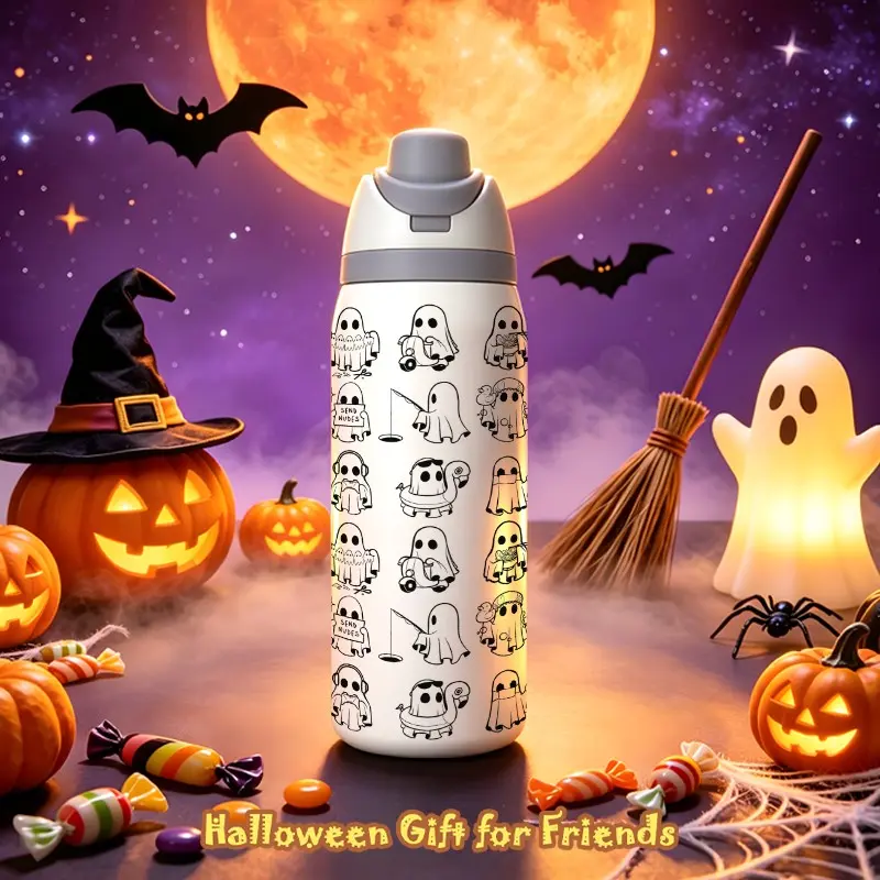32oz Halloween Ghost Line Sports Water Bottle, Portable, Stainless Steel Dual Drink Tumbler, Insulated Cold Brew Cup, Creative Holiday Gift