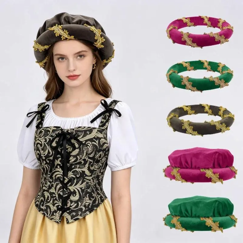 2026 Green Renaissance Era Flared Earband Headscarf Hat for Women,Velvet Medieval headpiece headband with gold border Cap Unisex