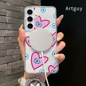 Heart Eyed Whimsy Pattern Magnetic Phone Case for  Samsung GalaxyS26  S23 Ultra S24 Plus FE S25 S22+ Non-Yellowing Clear Crystal Drop-proof Slim Silicone Shockproof Transparent Acrylic Large Hole Cover Supports Wireless Charging