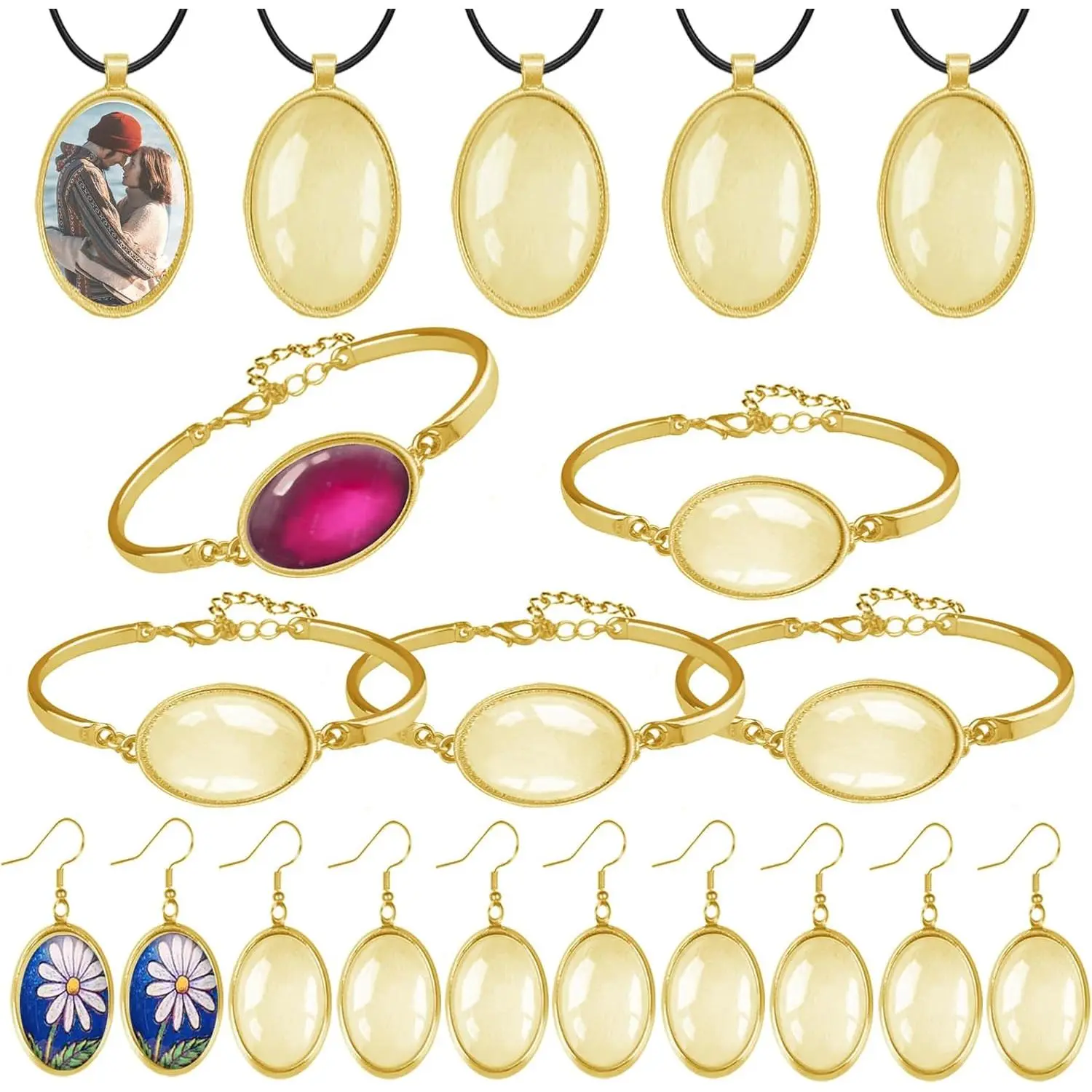 Pendant Trays Set with Glass Cabochon for  Making, Oval | Pendant Bezel Trays, Bracelet Blank Trays, Earrings Blanks Charms Crafts, For DIY Friendship