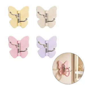 4 PCS Butterfly Rotatable No Drill Wall Hooks, 270 Degree Swivel 3 Stainless Steel Hooks, Cute Pastel Self Adhesive Hanging Rack For Bathroom Bedroom Entryway Kids Room Decor Organizer-YY0