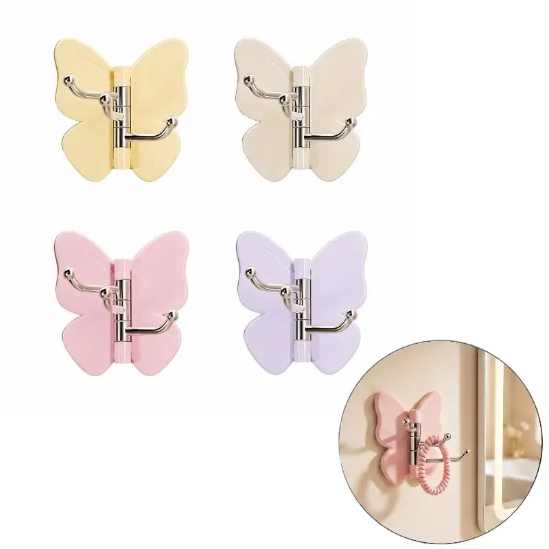 4 PCS Butterfly Rotatable No Drill Wall Hooks, 270 Degree Swivel 3 Stainless Steel Hooks, Cute Pastel Self Adhesive Hanging Rack For Bathroom Bedroom Entryway Kids Room Decor Organizer-YY0
