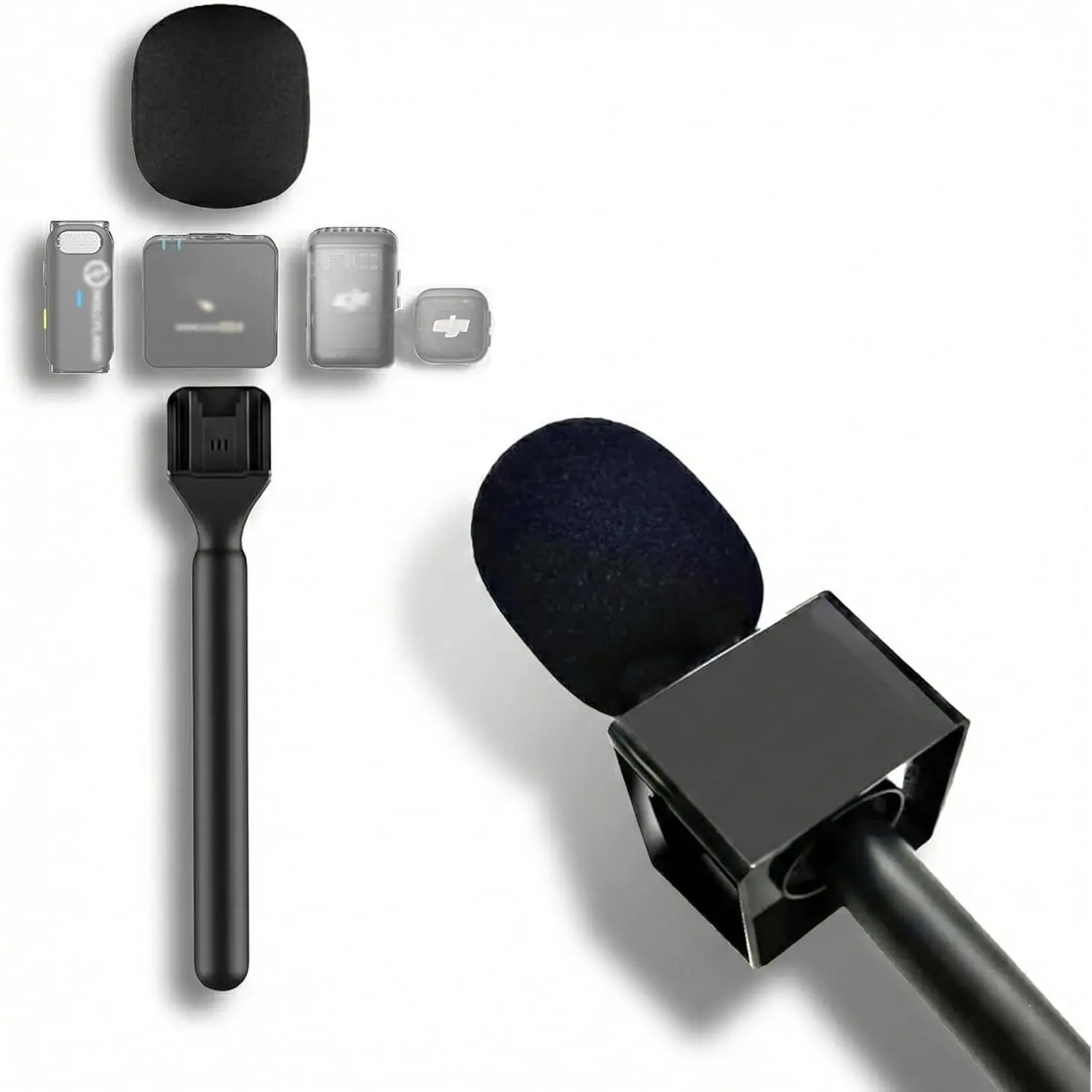 Wireless Microphone Handheld Adapter with Mic Flag Windshield | Interview handle holder for DJI Mic 3/2 Mini 2/2s Pocket 4/3 Mic Rode Wireless GO II, Hollyland Lark pro lavalier stand