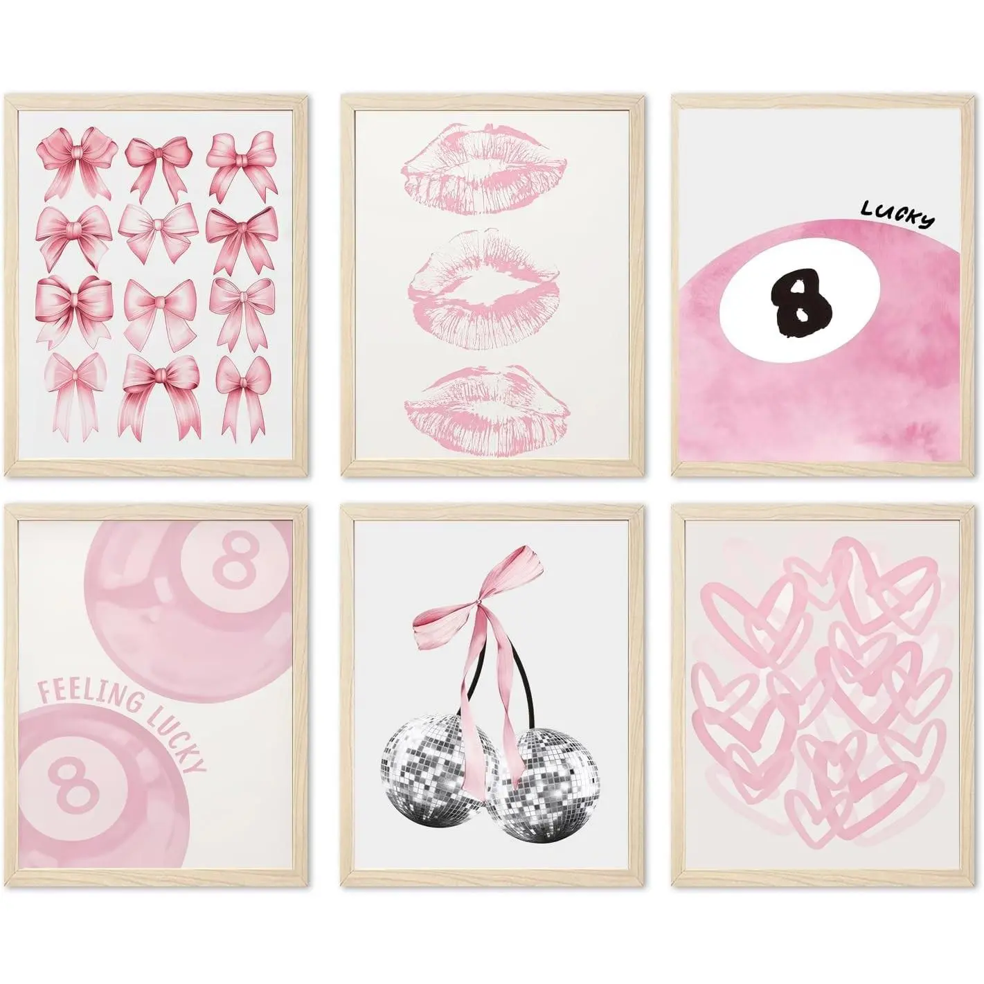 Cute Pink Girl Poster Set of 6, Light Pink Coquette Wall Art Trendy Lucky 8 Ball Wall Decor Paintings Pastel College Apartment Bedroom Living Room Dorm 8x10 inch Unframed