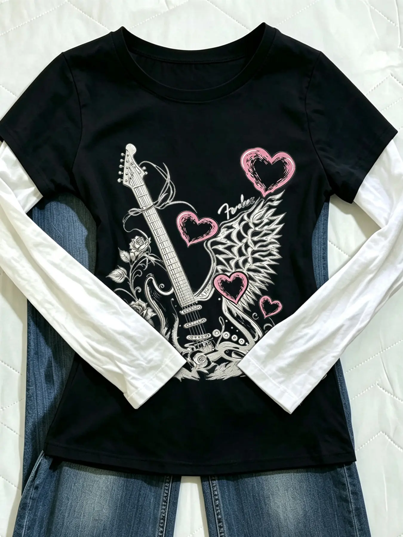 Women's Round Neck Patchwork Heart Guitar Pattern Long Sleeve Fall Winter Top, Casual Loose-Fit Streetwear Y2K Style