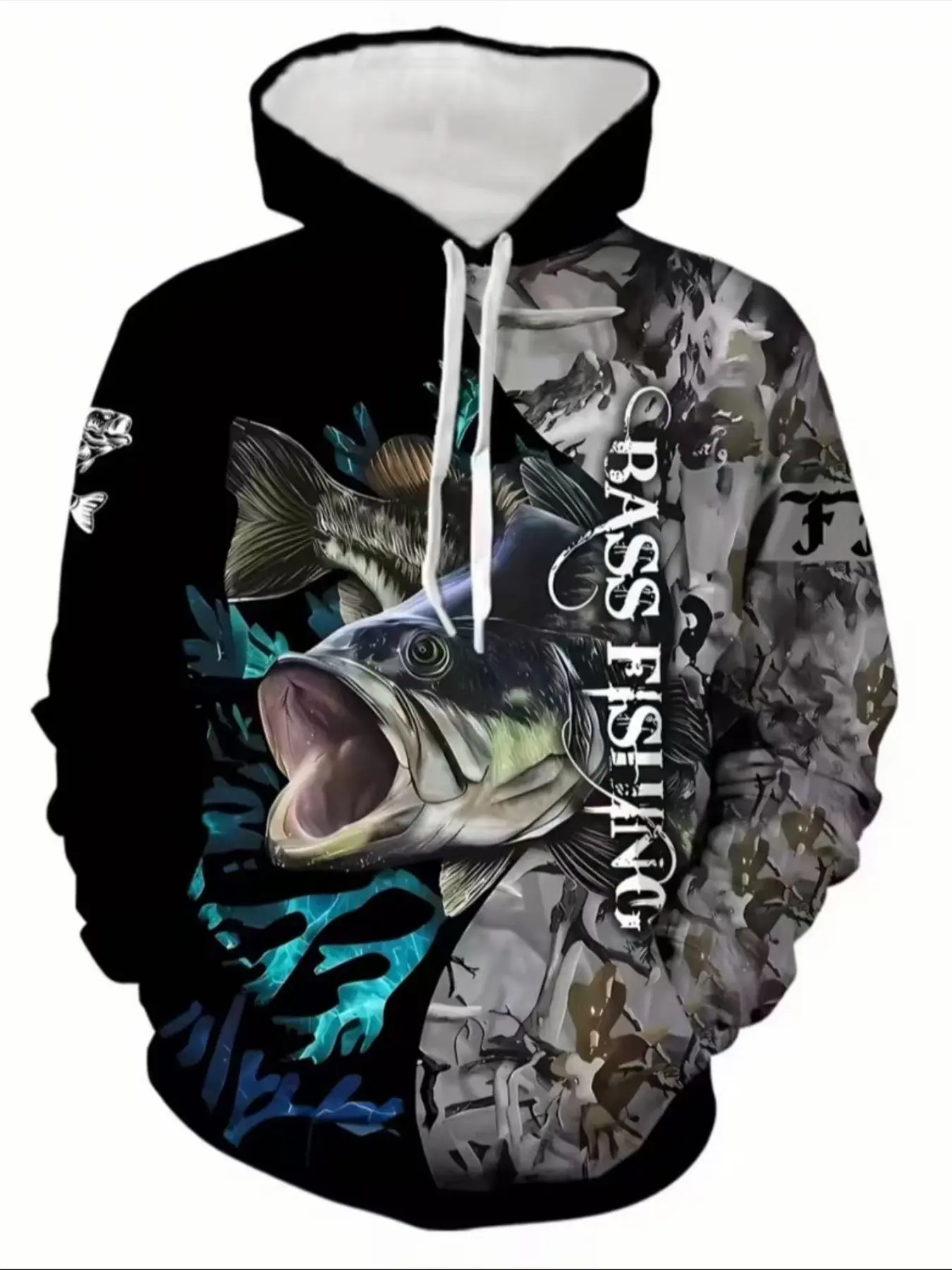 Men's fashionable 3D fishing pattern hooded sweatshirt, soft, breathable and comfortable, casual wear for spring and autumn, unique design, loose fit, diverse styles, multiple color choices