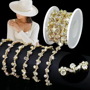 3 Yards Gold Clear Rhinestone Trim Chain Diamond Fringe Ribbon Applique for Sewing Craft Wedding Dress Belts Garters Headpieces Bridal Costume Decoration