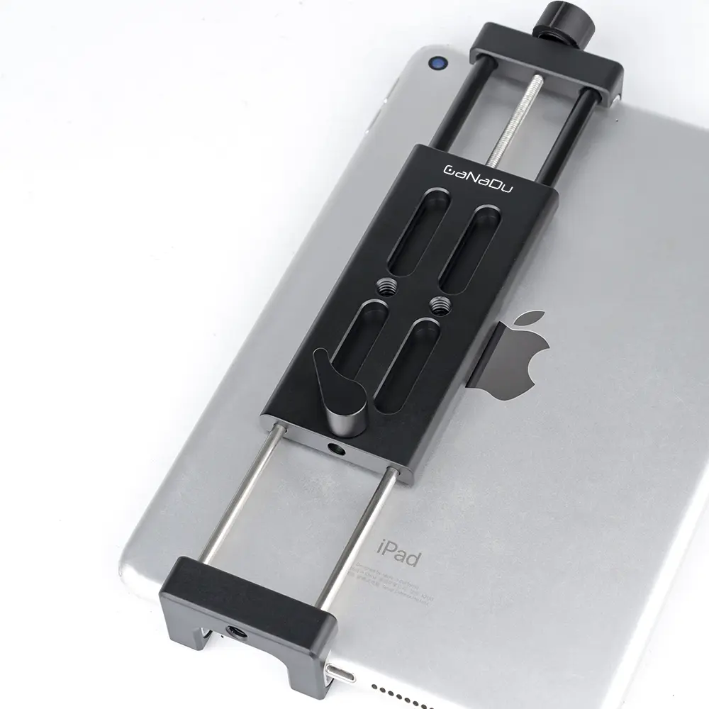 Universal tablet stand, compatible with 19.05–27.94 cm; metal construction includes 0.64 cm screws and an ARCA tail mount.