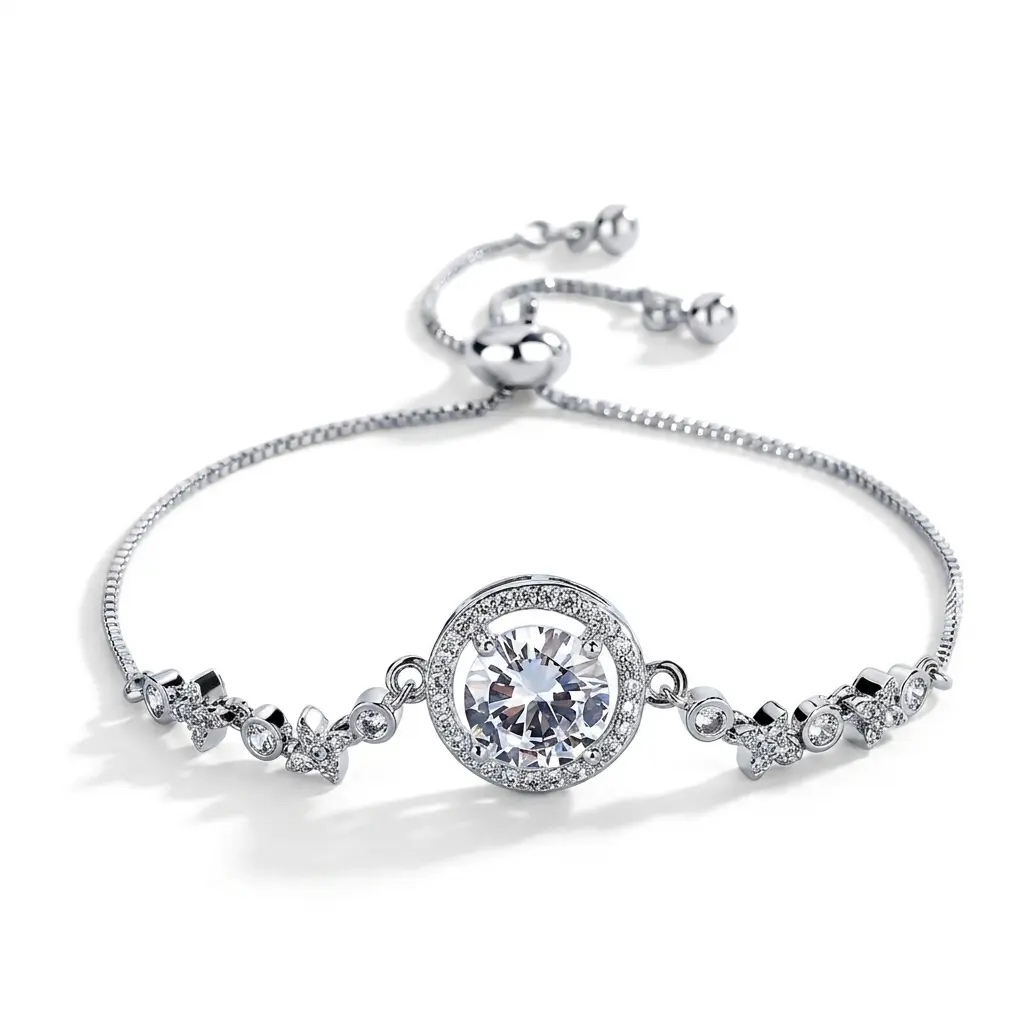 Women's Sparkling Moissanite Halo Bolo Bracelet - Adjustable Silver Slider, Diamond Alternative Fine Jewelry, Ideal Anniversary Gift