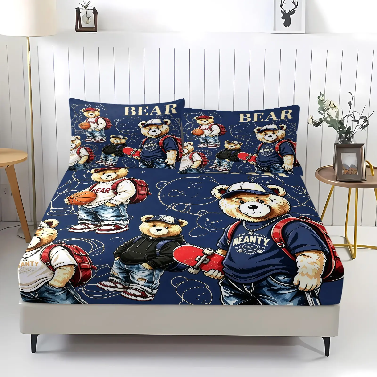 Trendy and cool teddy bear printed pattern bed sheet, including 1 bed sheet and 2 pillowcases, anti slip and dustproof cover suitable for bedrooms and guest rooms, suitable for personal use or gift giving