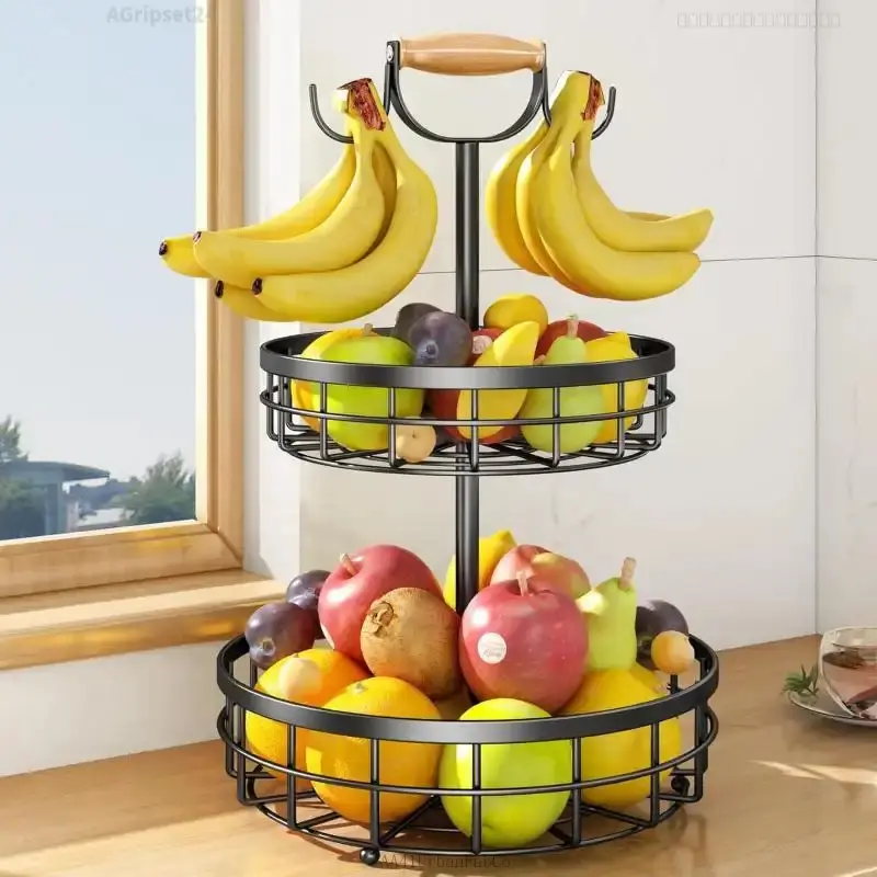 2-Tier Fruit Basket Bowl Vegetable Storage with Dual Banana Tree Hanger and Wooden carry Handle, Kitchen Countertop Metal Wire Basket for Bread Onions Potatoes Organiser HangableAGripset24FFSummitSupply7AB15Rosavelle AA41UrbanFabCo