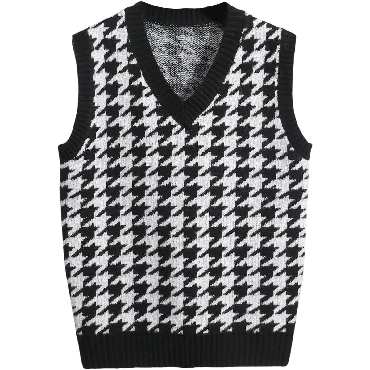 Men's Houndstooth Sleeveless V-Neck Pullover Sweater Vest - Plaid Preppy Vintage Lightweight Comfy Stretch Top, Ideal for Fall Winter, Pair with Jeans Shorts Denim